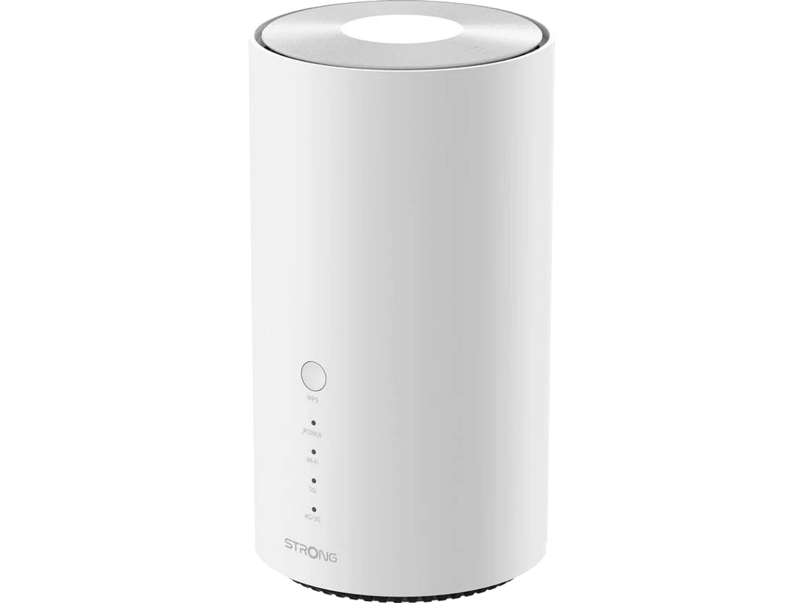 Un router cilindrico bianco con coperchio argentato e spie luminose.