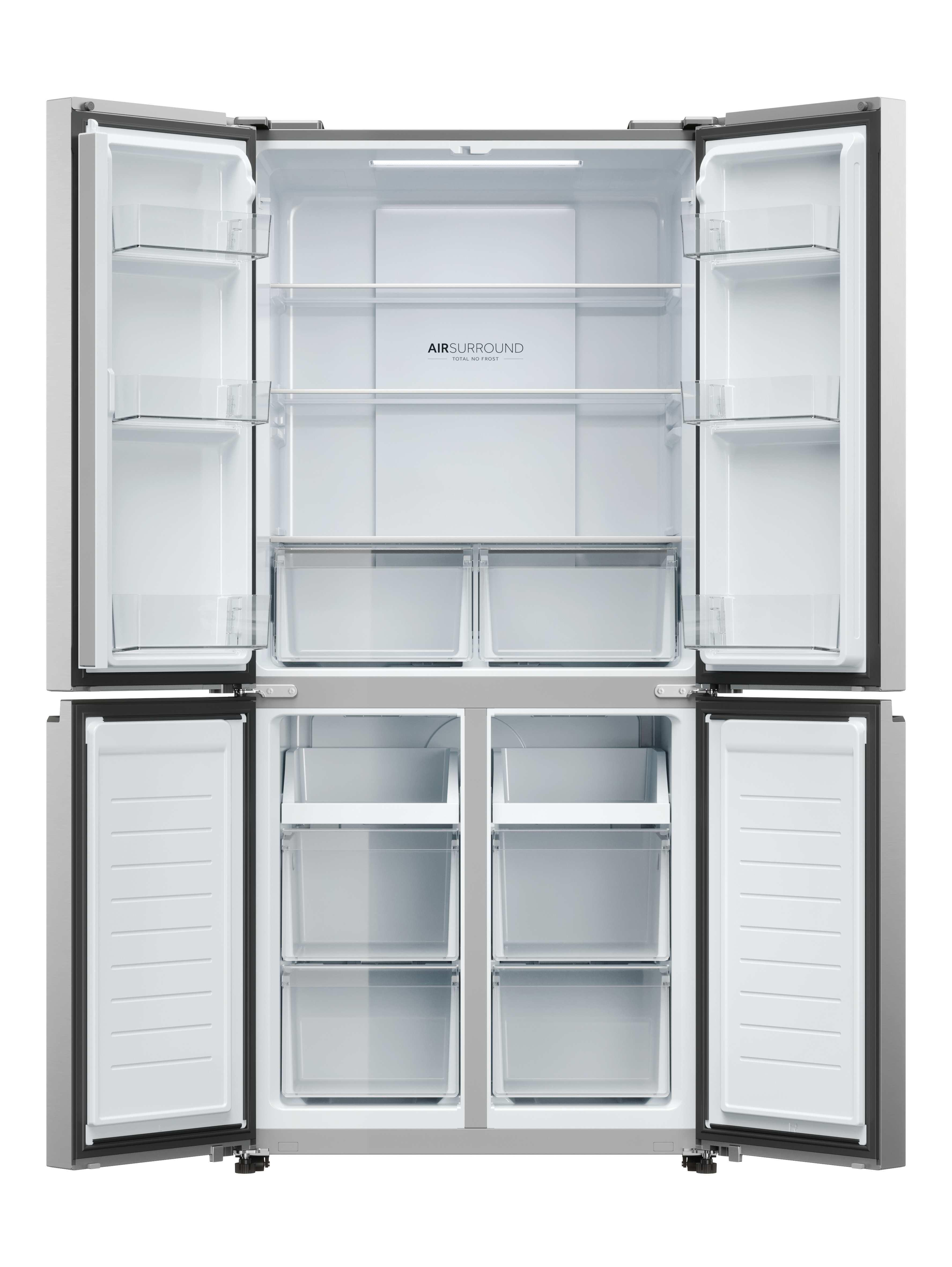 Un refrigerador abierto de cuatro puertas, vacío.