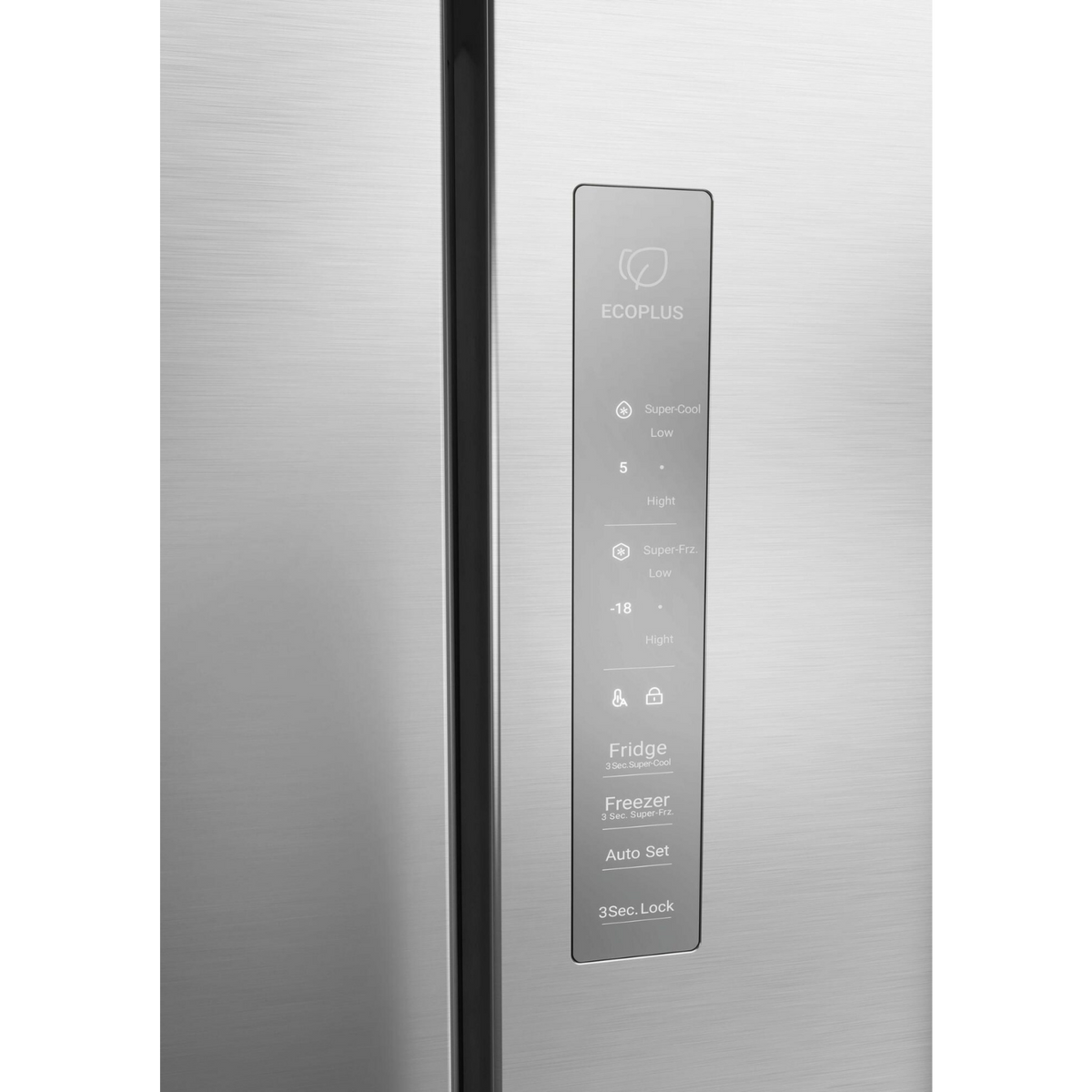 Un panel de control plateado con logo ECOPLUS que muestra ajustes de temperatura.