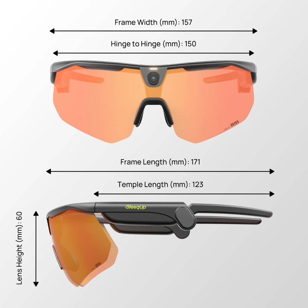 Sportbrille mit orangen Gläsern und schwarzen Rahmen, Maße angegeben.