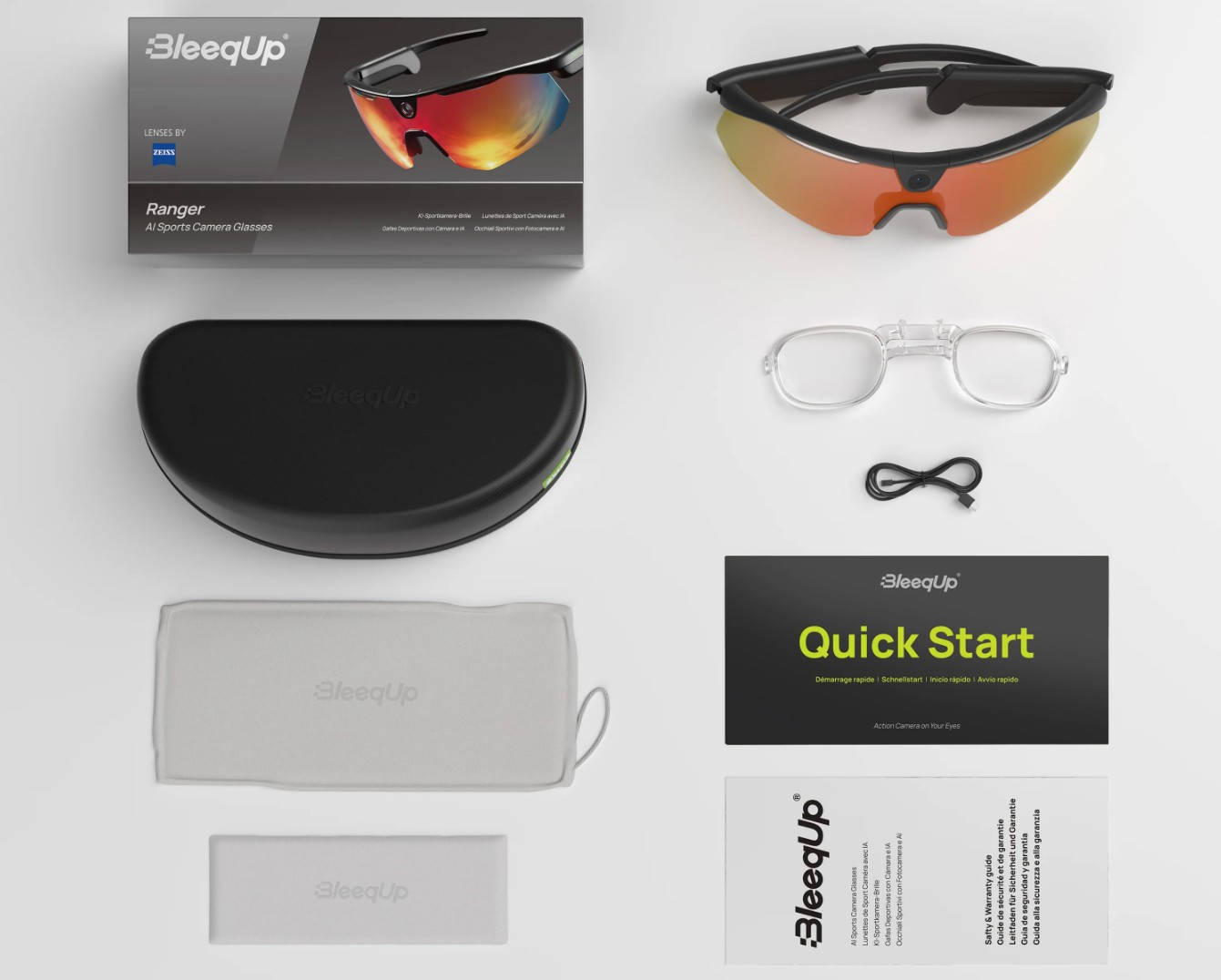 Sportkamera-Brille mit Zubehör: Brille, Ladecase, Tuch, Anleitung.