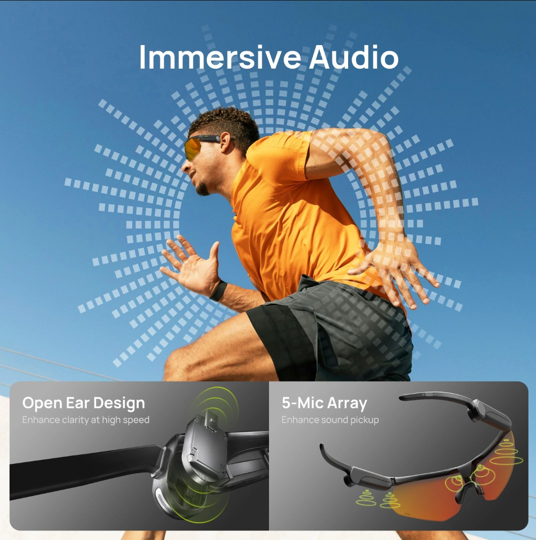 Corredor con auriculares, ondas de audio, gafas de sol, texto, gráficos.