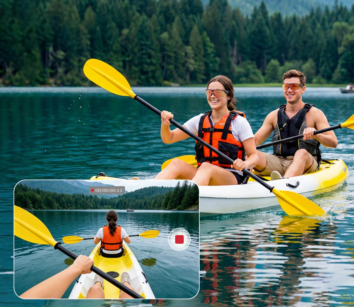 Zwei Personen paddeln in einem Kajak auf einem See, umgeben von Bäumen.