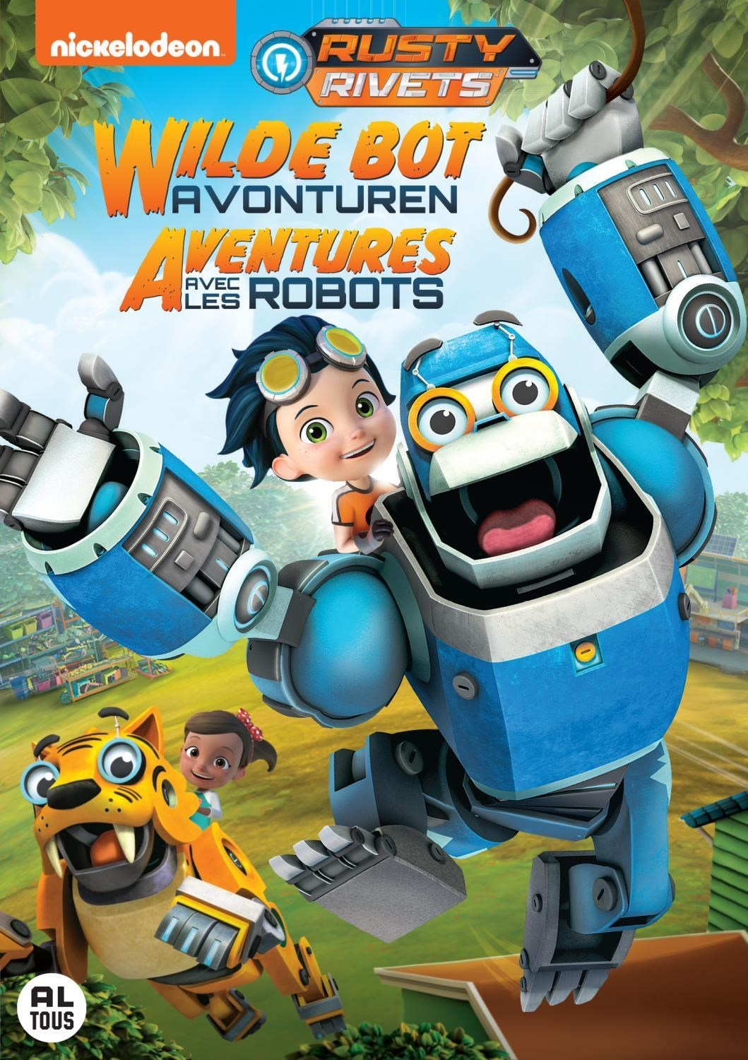 Een jongen rijdt op een blauwe robot, met tijger en meisje op achtergrond.