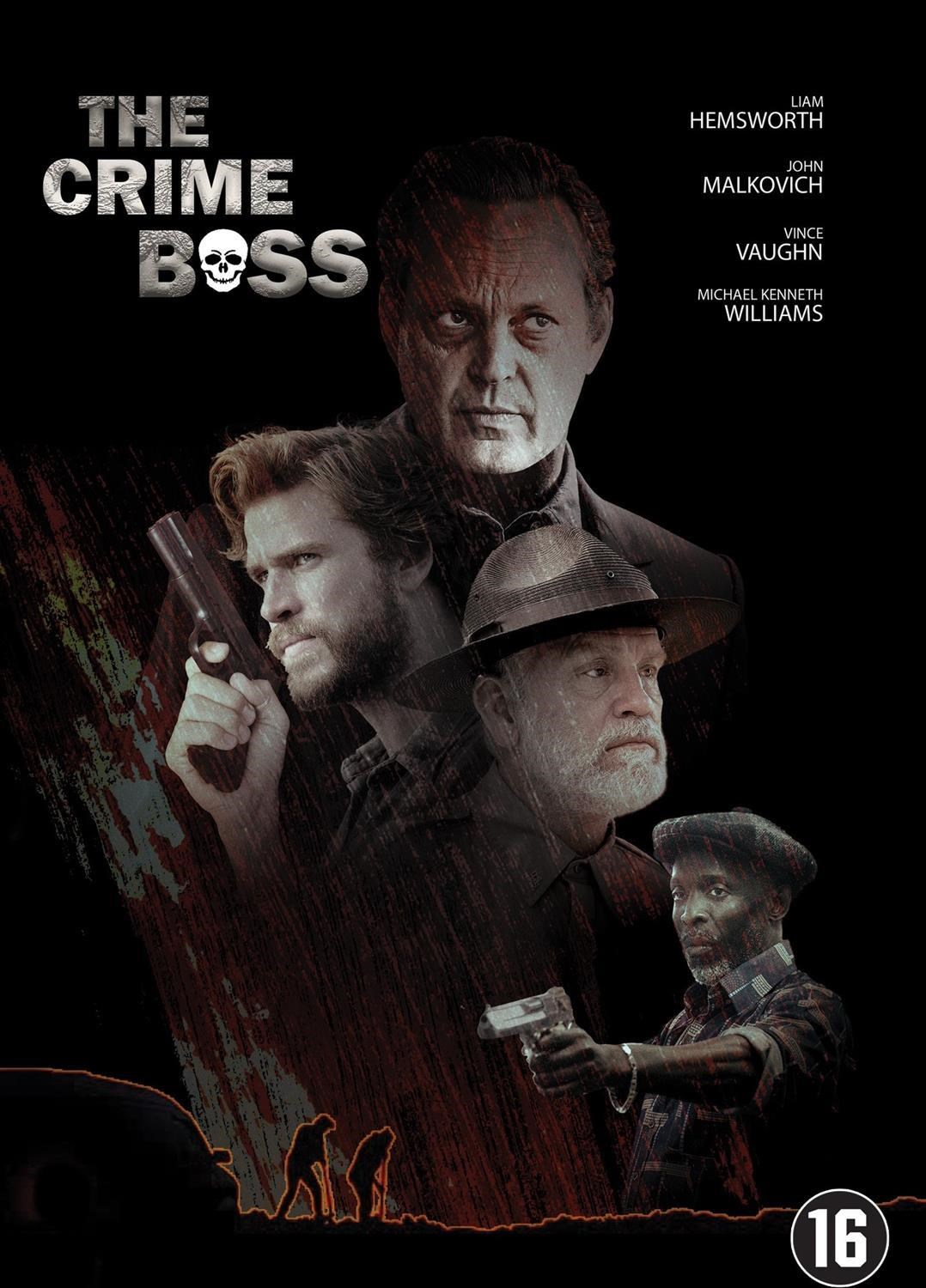 Affiche du film The Crime Boss avec quatre hommes, deux tenant des pistolets. Interdit aux moins de 16 ans.