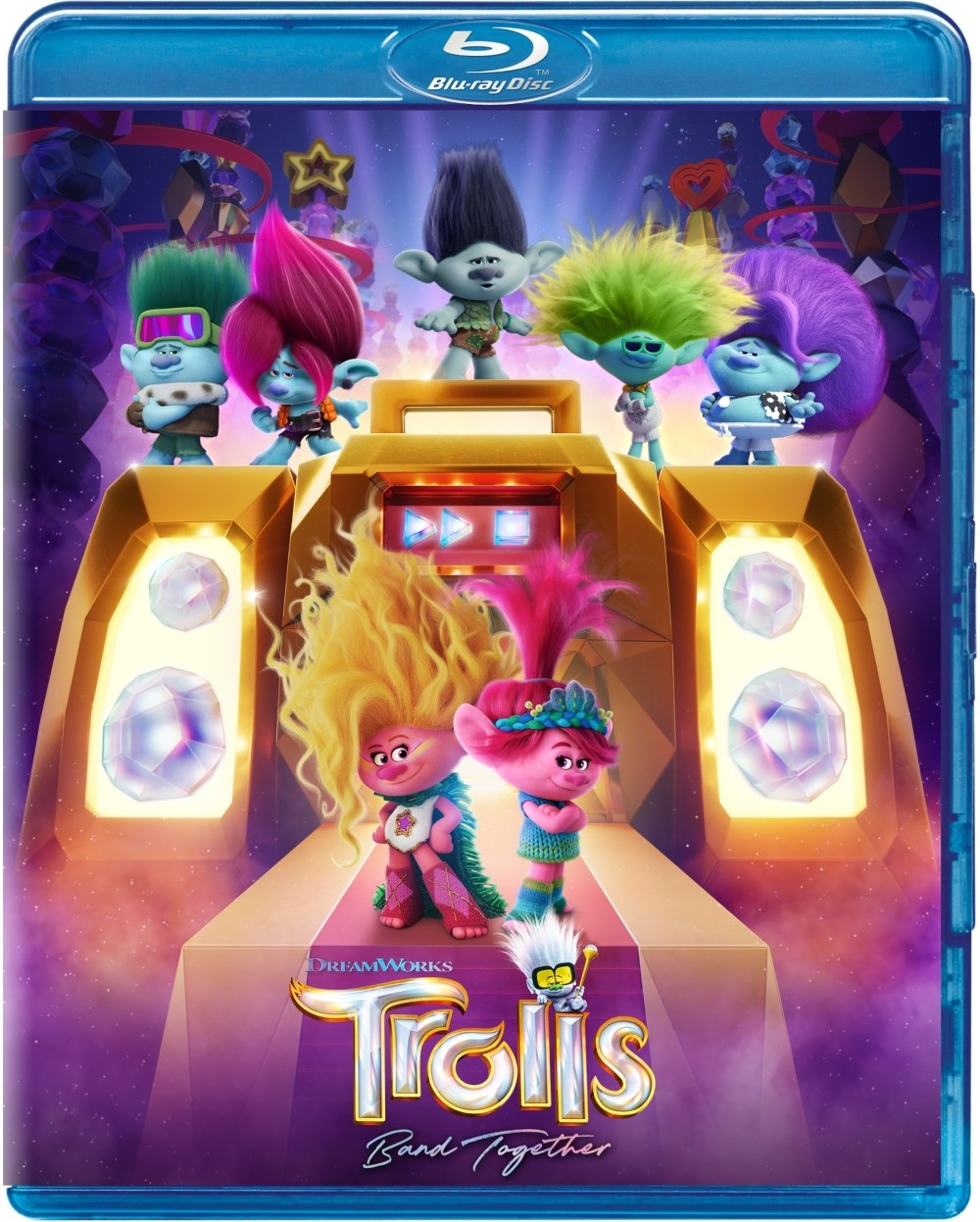Les personnages des Trolls dansent sur une scène dorée, avec le titre "Trolls Band Together".