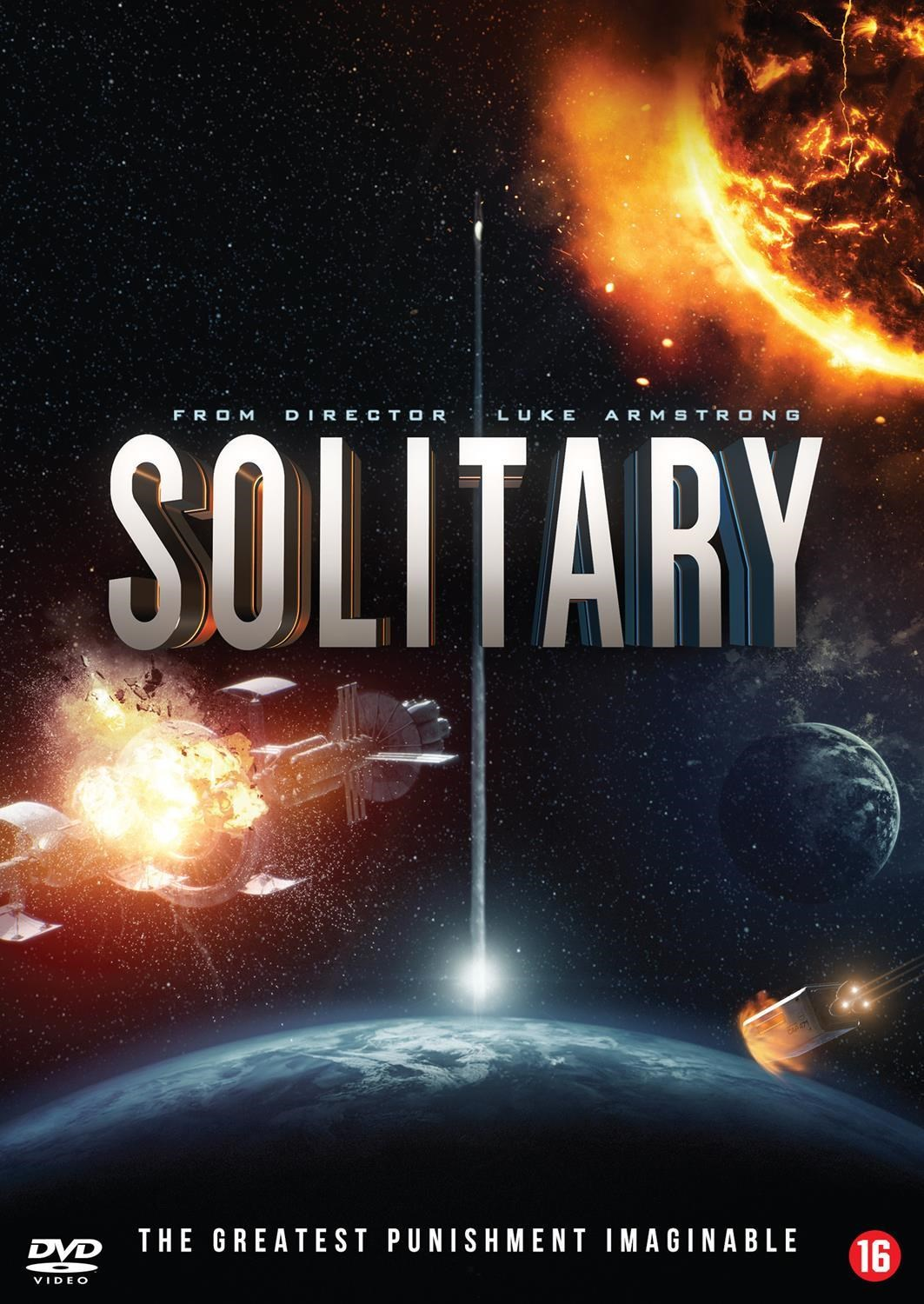 Ruimteexplosie, ruimteschip, planeten en brandende zon. Titel: Solitary.