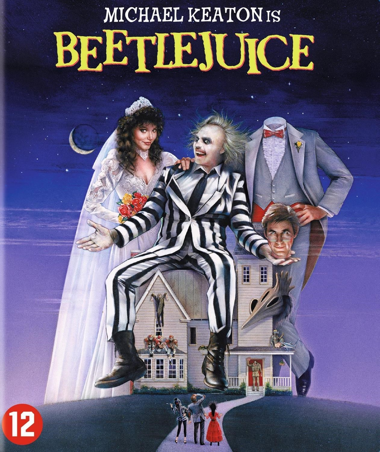Beetlejuice poster met Michael Keaton, een bruid en een onthoofde man.