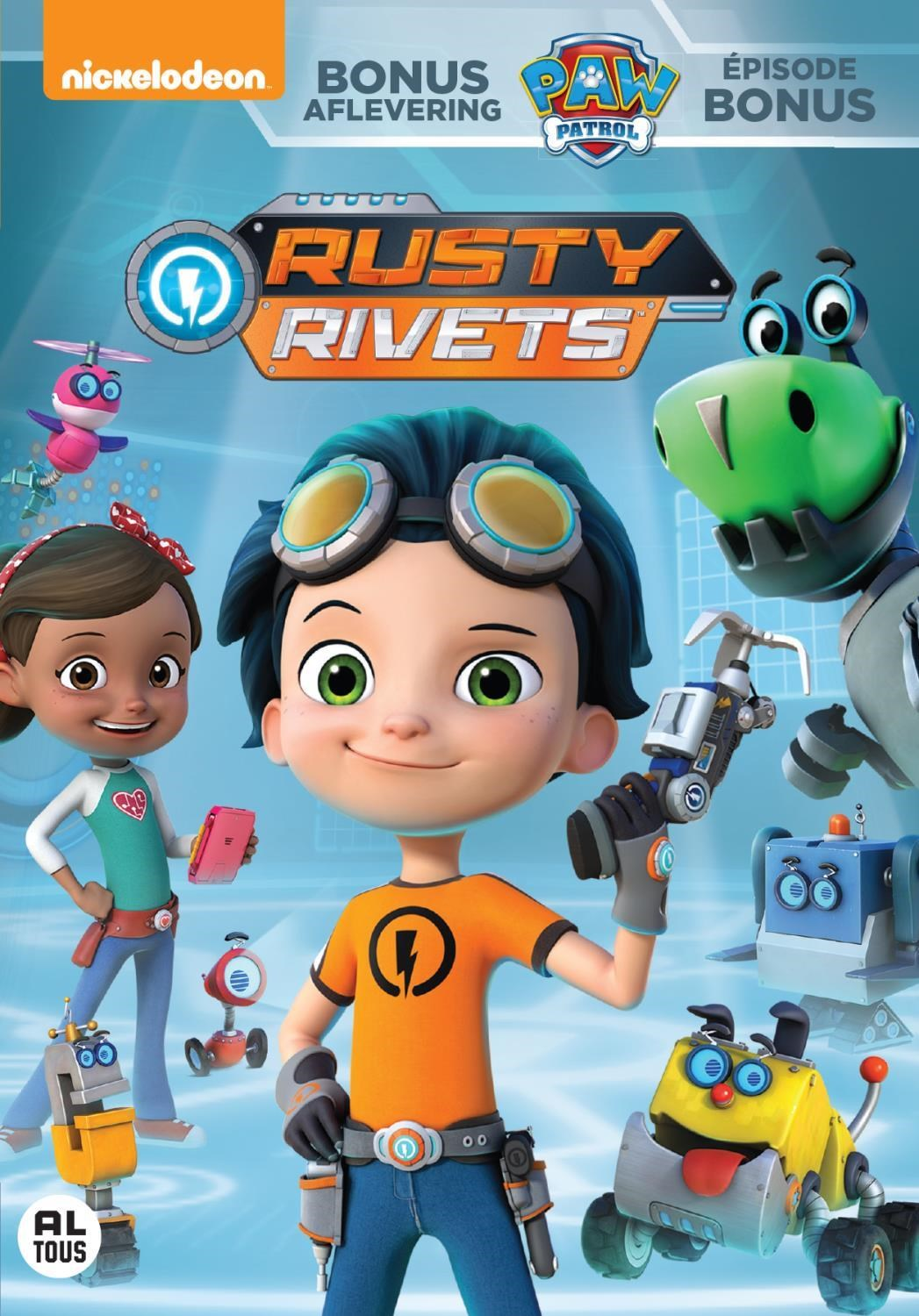 Rusty Rivets personages met robots en Paw Patrol logo op blauwe achtergrond.