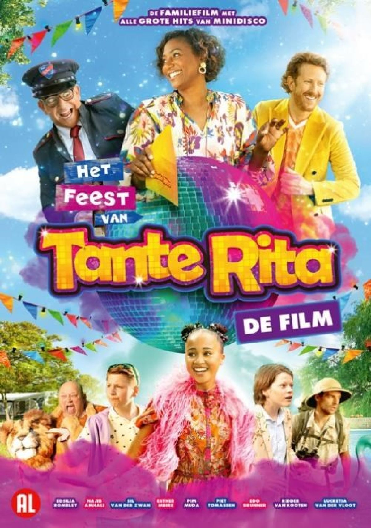 Filmaffiche met acteurs, discobol en slingers. Titel: Tante Rita.