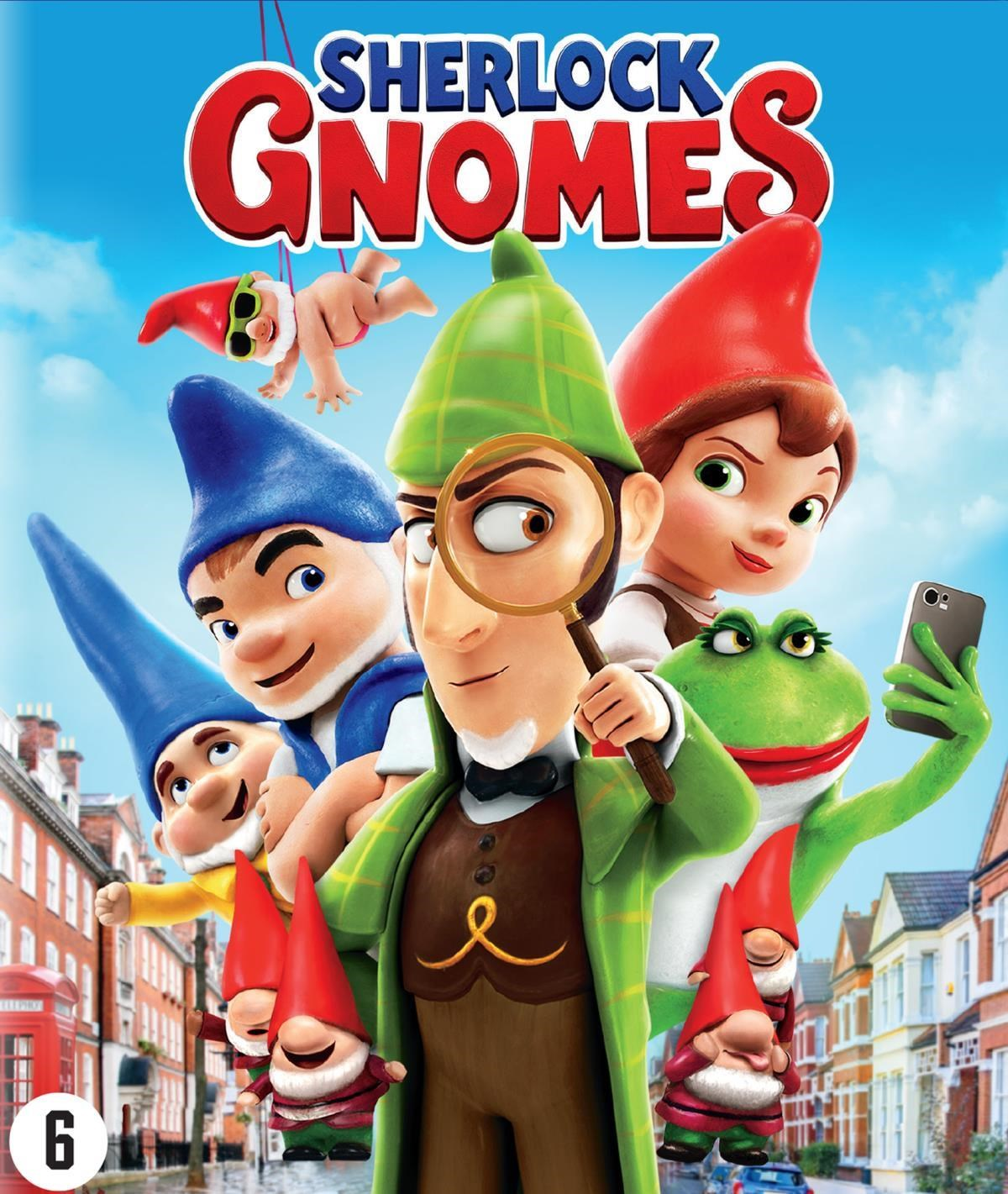 Sherlock Gnomes filmposter met tuinkabouters, een kikker en een baby in een straatscène.