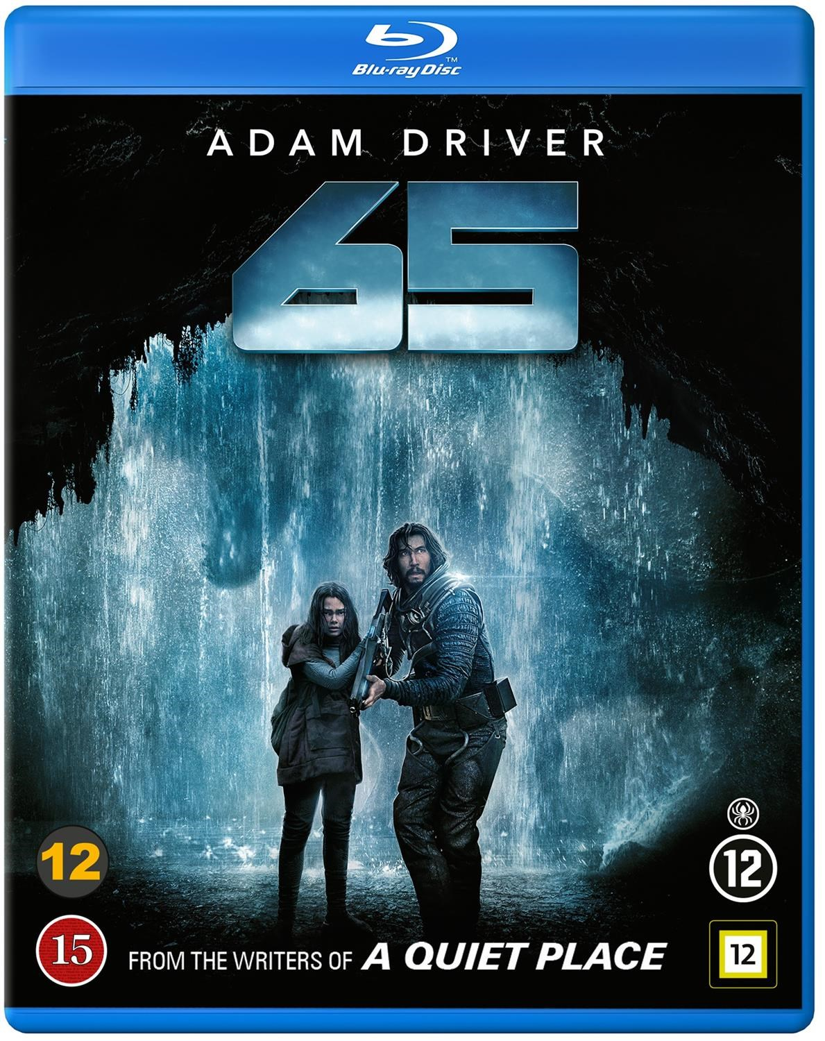 Affiche du film 65 avec Adam Driver et une jeune fille devant une cascade.