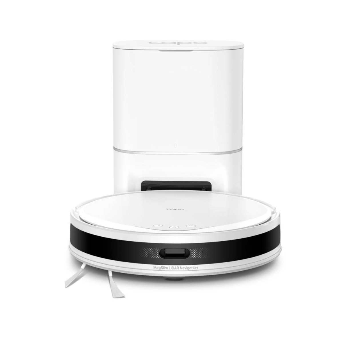 Een witte robotstofzuiger en laadstation op een witte achtergrond.