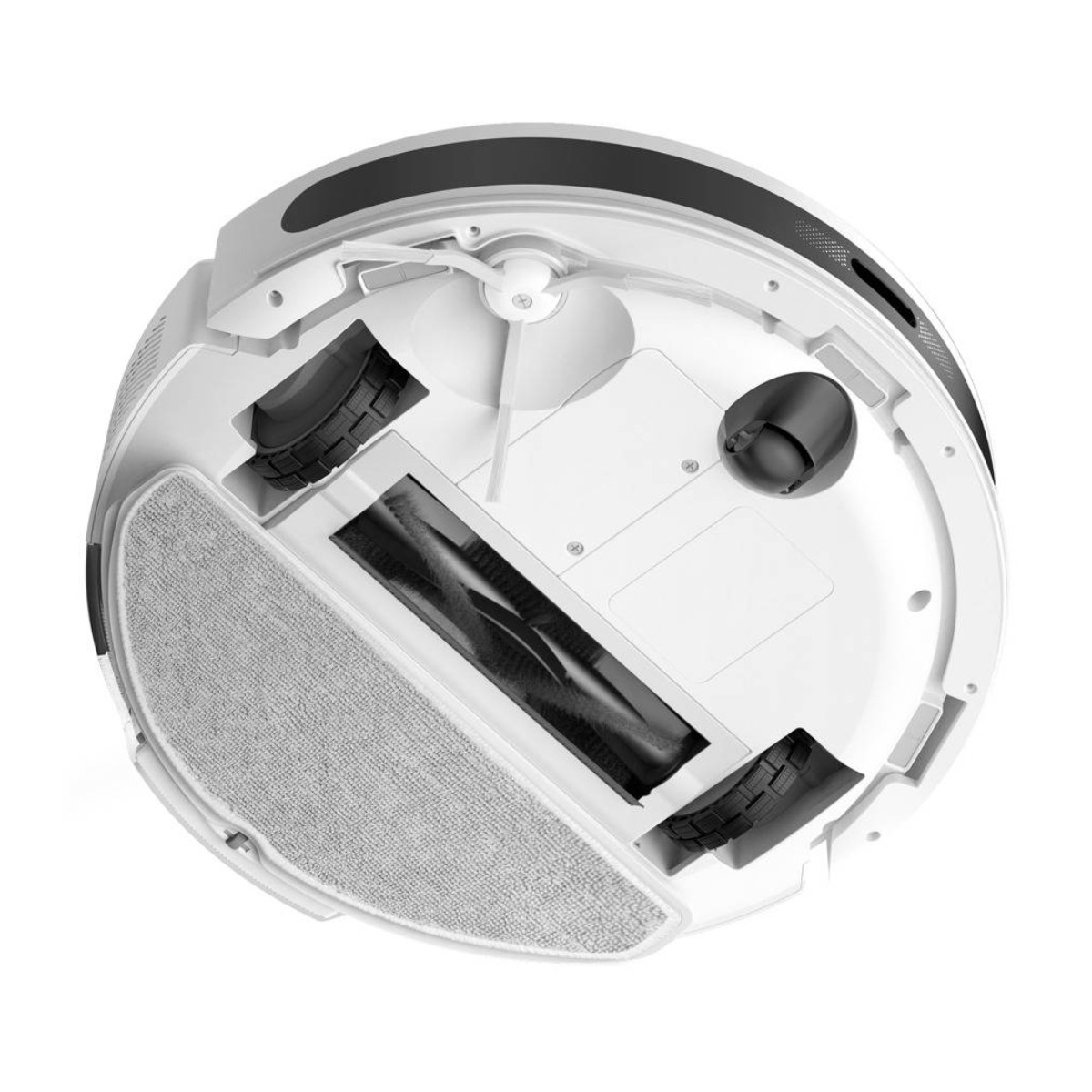Onderkant van een witte robotstofzuiger met borstels, wielen en dweilpad.