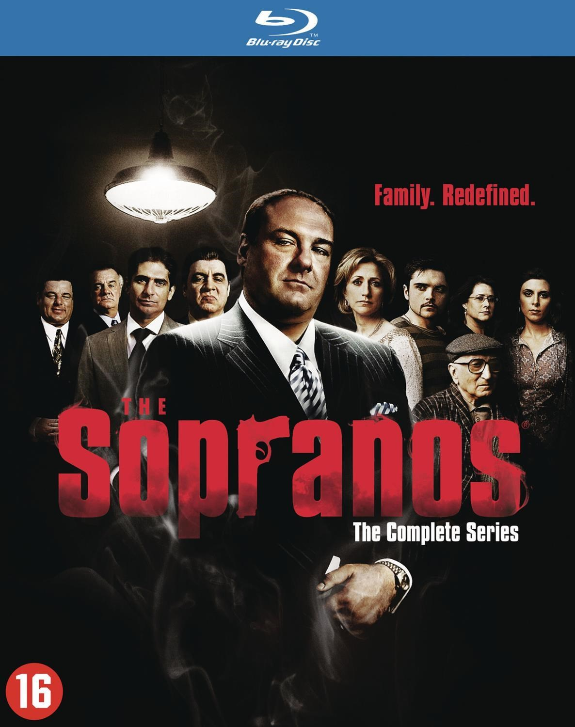 The Sopranos Complete Series Blu-ray hoes: castfoto met Tony Soprano in het midden.