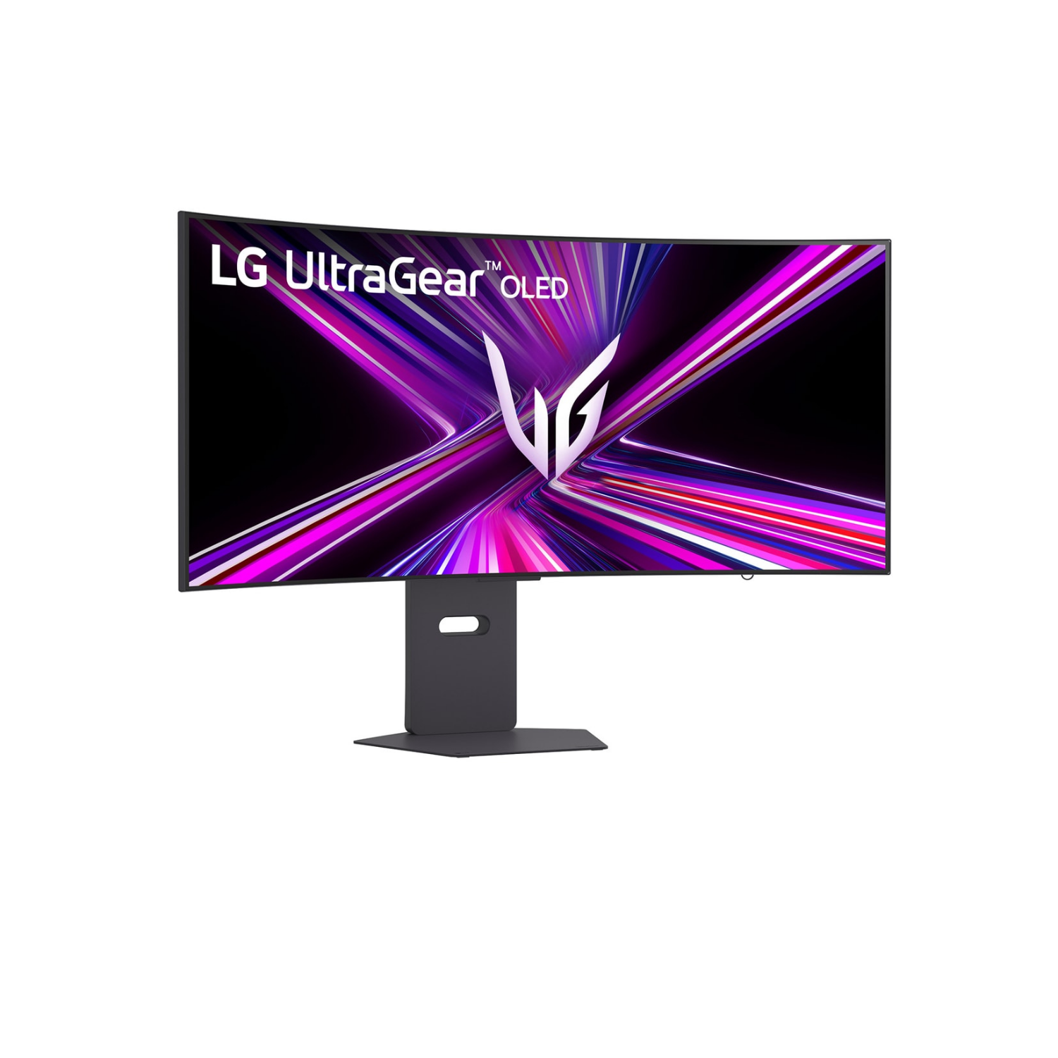 Zakrzywiony monitor LG UltraGear OLED z abstrakcyjnym fioletowo-różowym tłem.