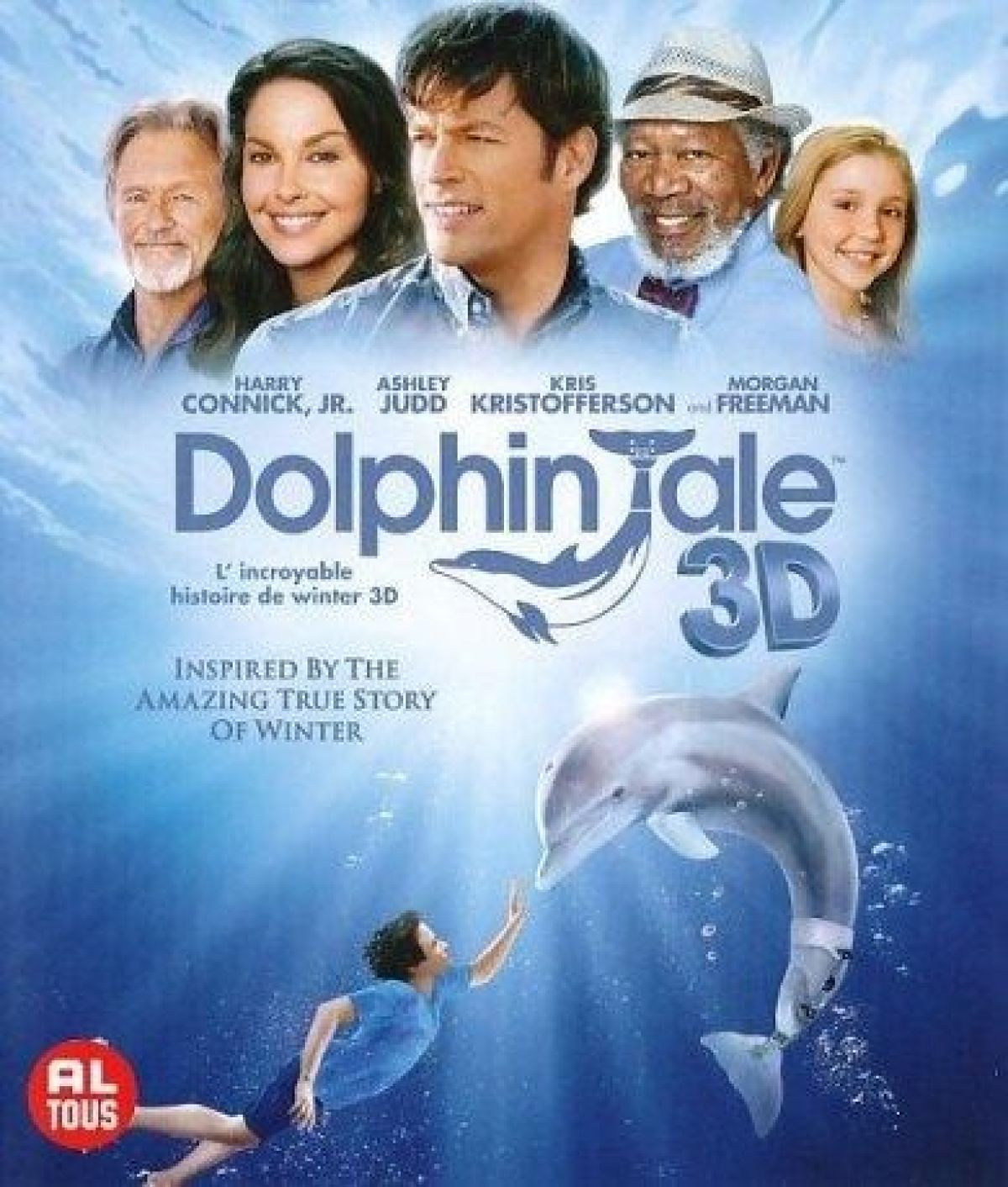 Film poster: Jongen zwemt naar dolfijn met prothese, cast bovenaan.