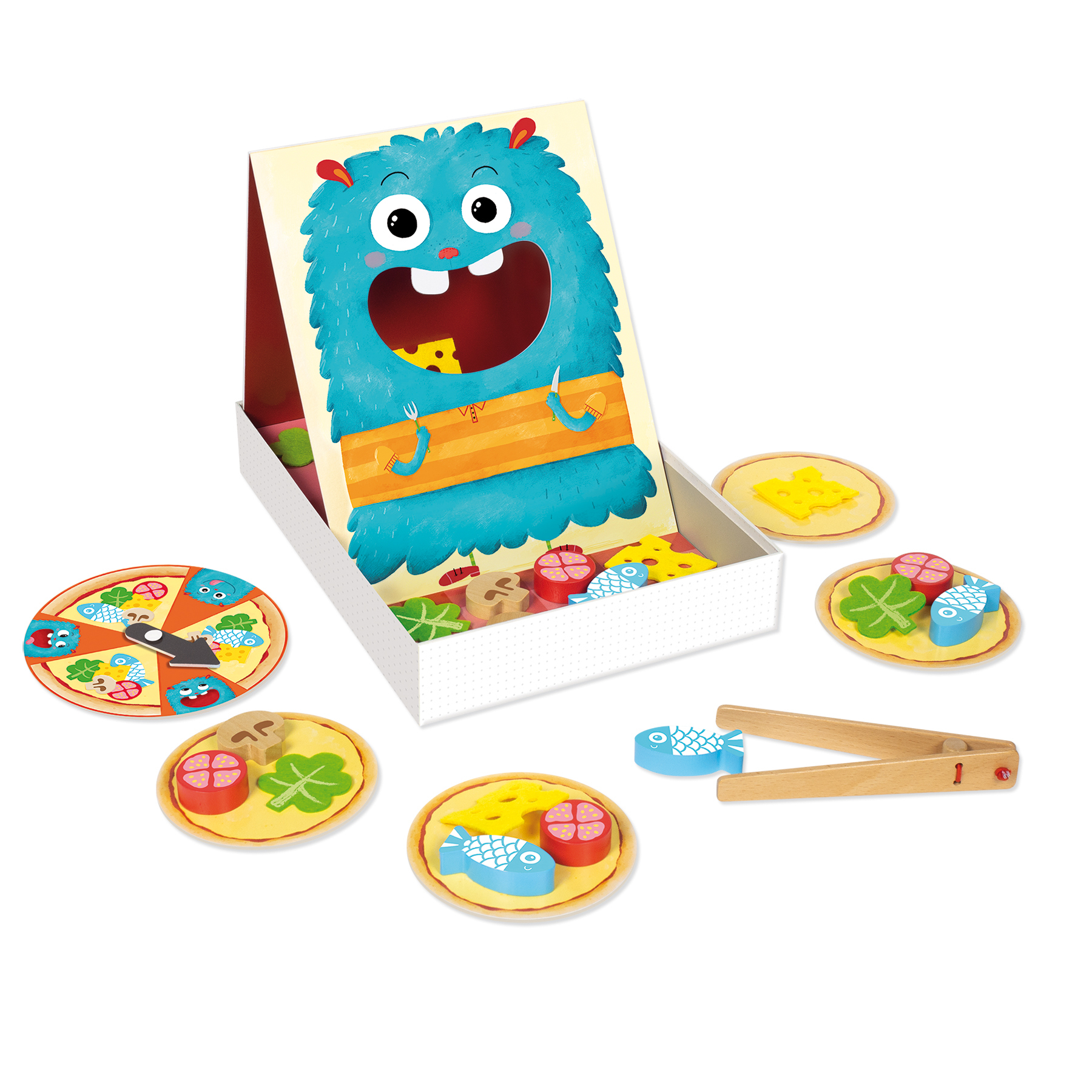 Holzspielzeug: Pizzastücke mit Belag, ein blaues Monster auf einer Box und eine Zange.