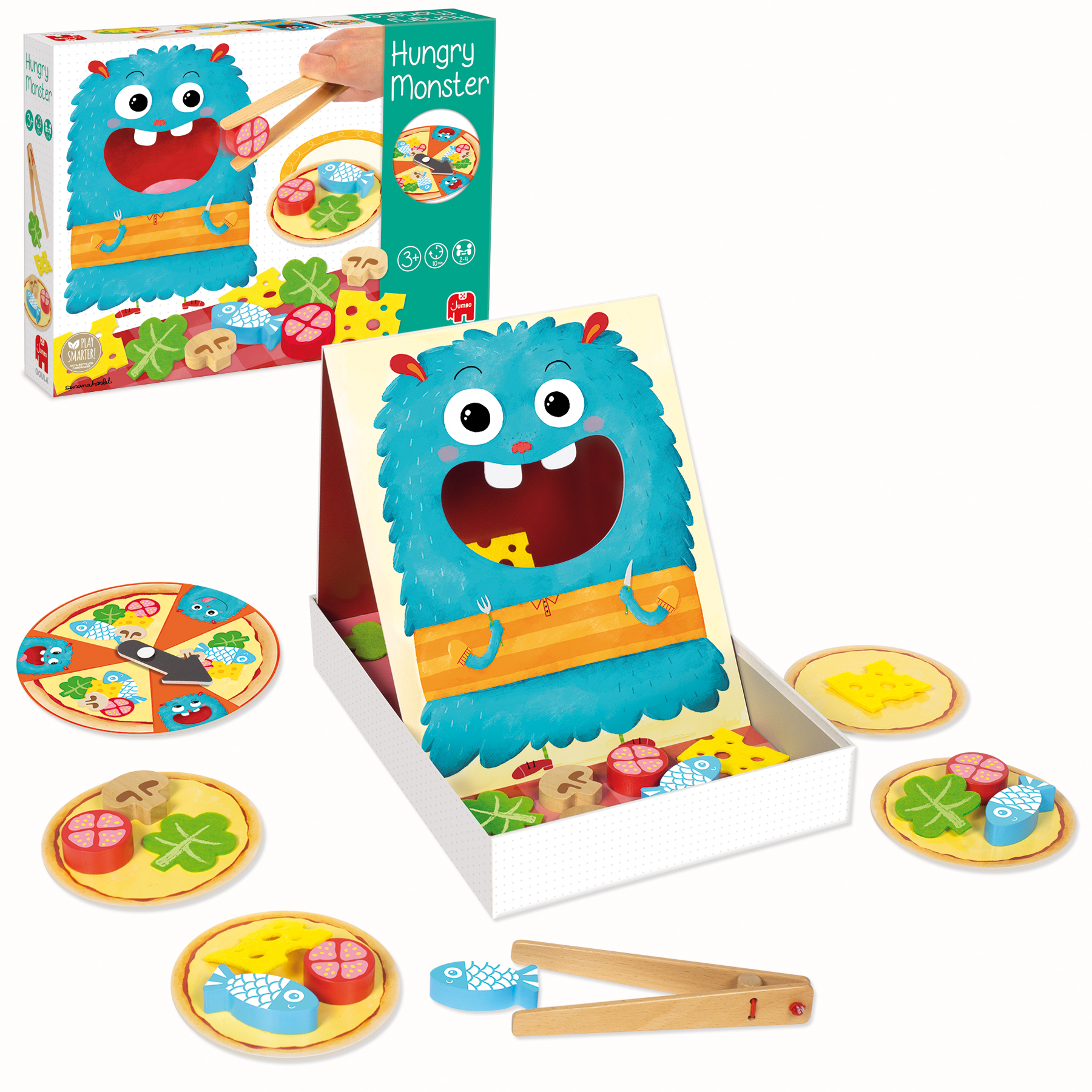 Ein blaues Monster-Spielzeug mit Holzfutter und bunten Lebensmittelstücken.