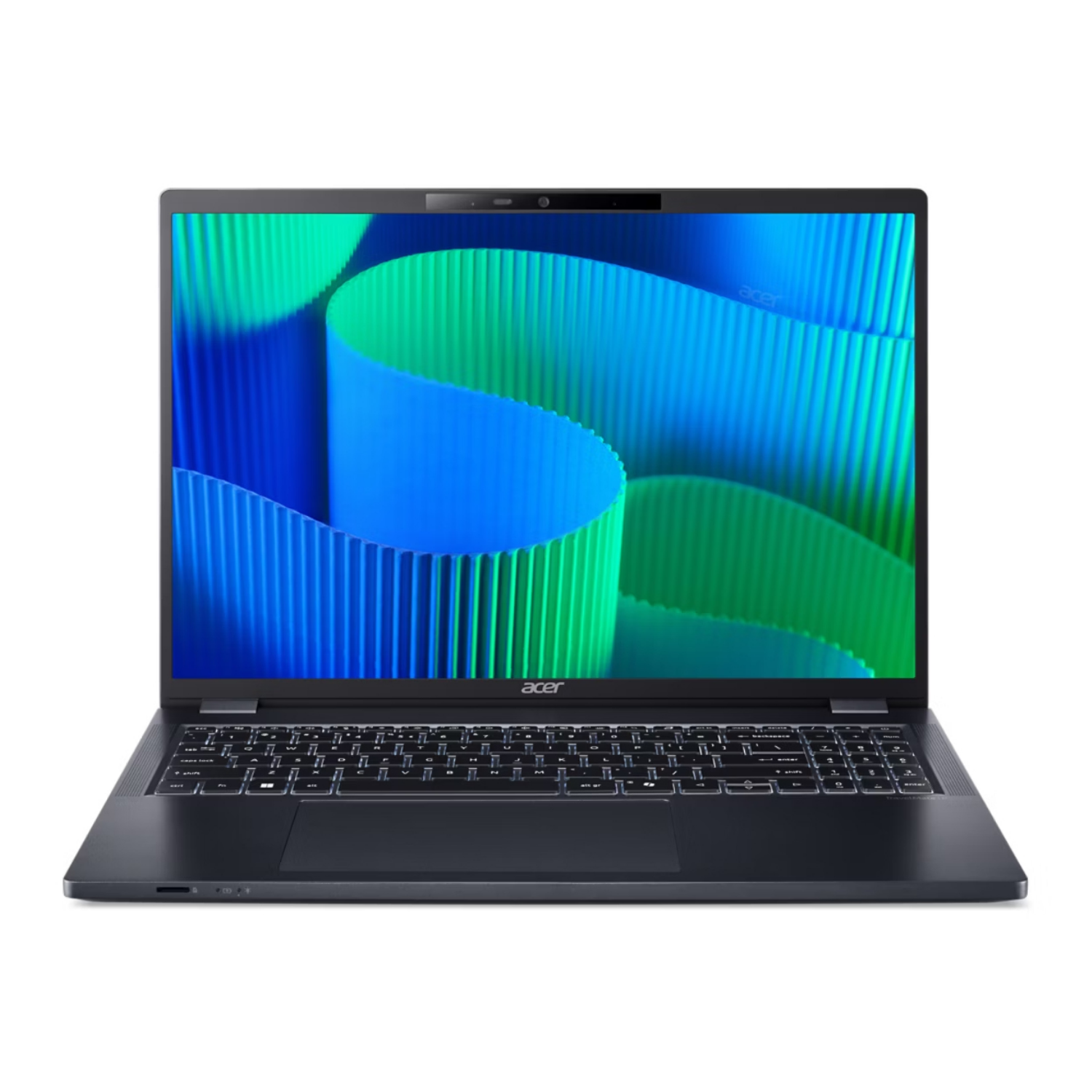 Otwarty, ciemny laptop Acer z podświetlaną klawiaturą i niebiesko-zieloną tapetą.