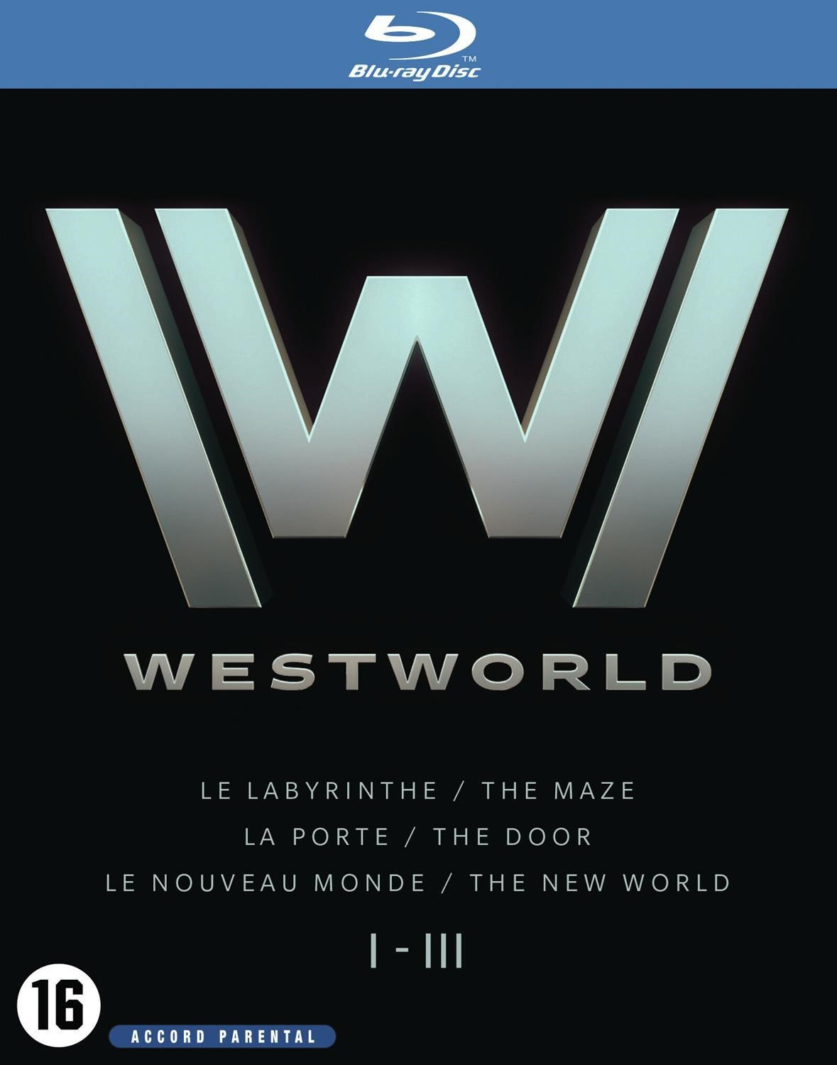 Blu-ray Disc hoes Westworld met groot "W" logo en leeftijdsclassificatie 16.