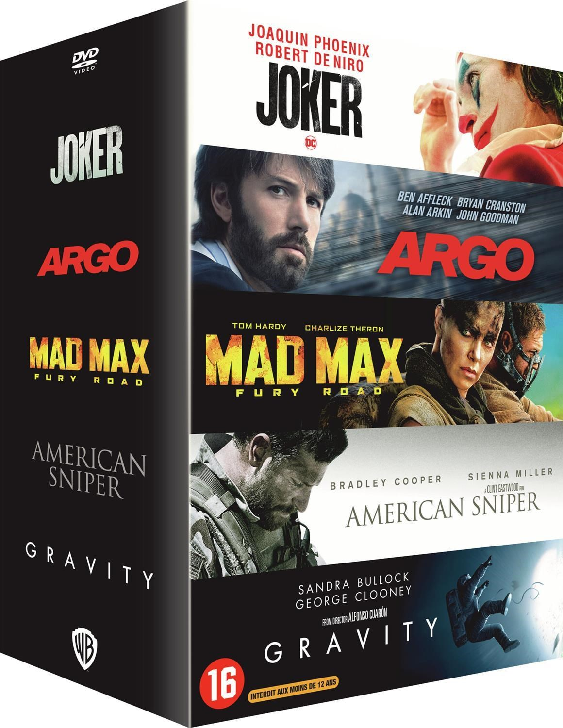 Dvd boxset met films: Joker, Argo, Mad Max, American Sniper, Gravity.