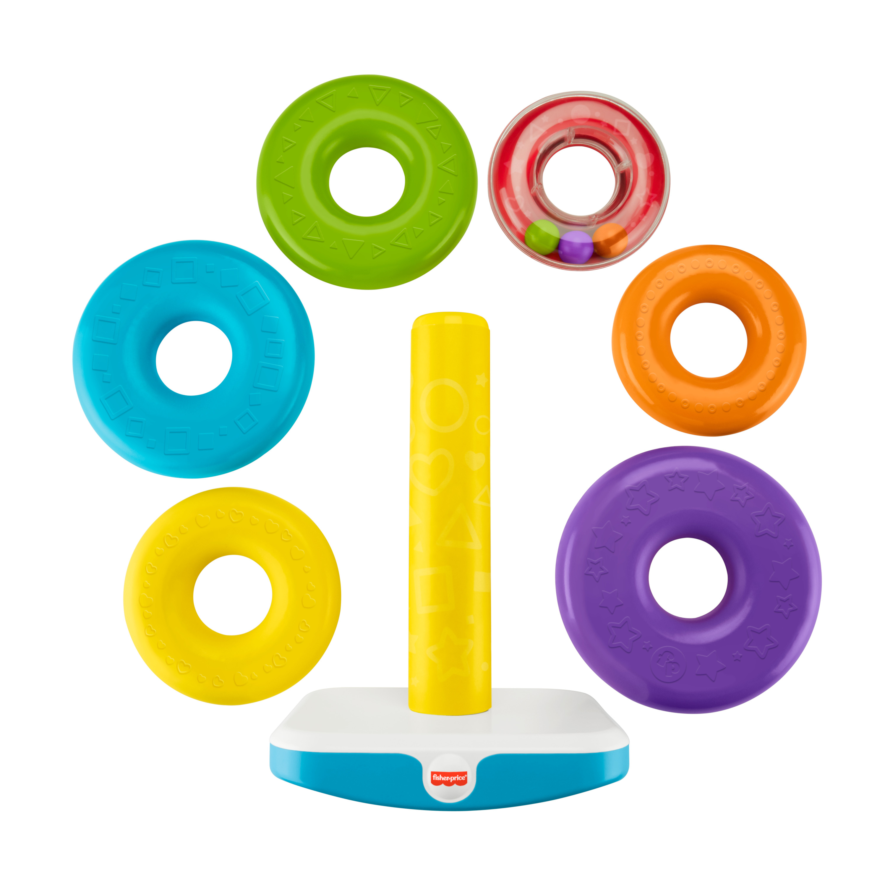 Ein bunter Stapelring-Spielzeug mit einer gelben Stange und Ringen in Grün, Blau, Gelb, Orange und Lila.