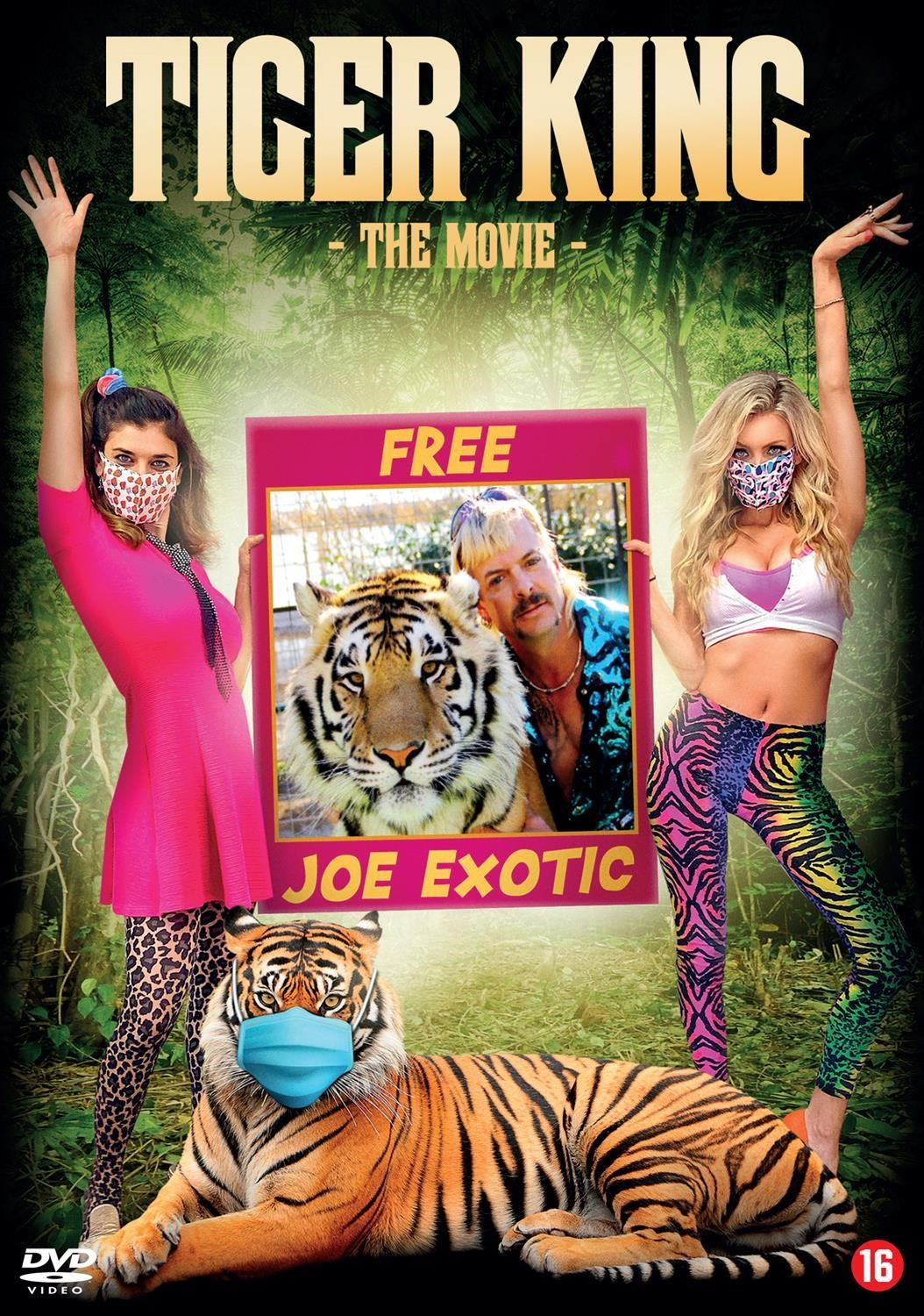 Poster met twee vrouwen, Joe Exotic en tijgers. Eén tijger draagt een masker.