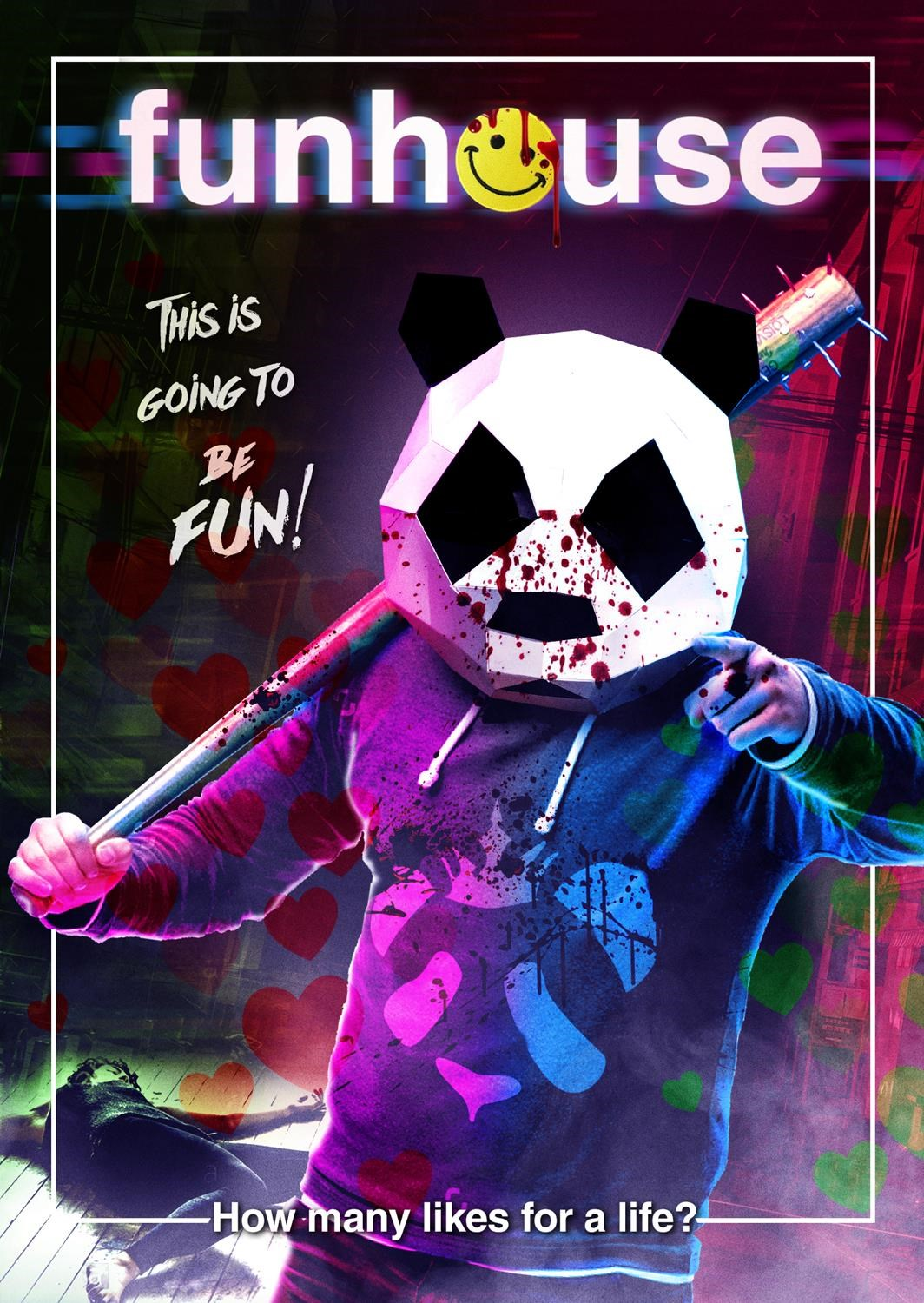 Personne avec masque de panda tient batte de baseball ensanglantée. Coeurs colorés.