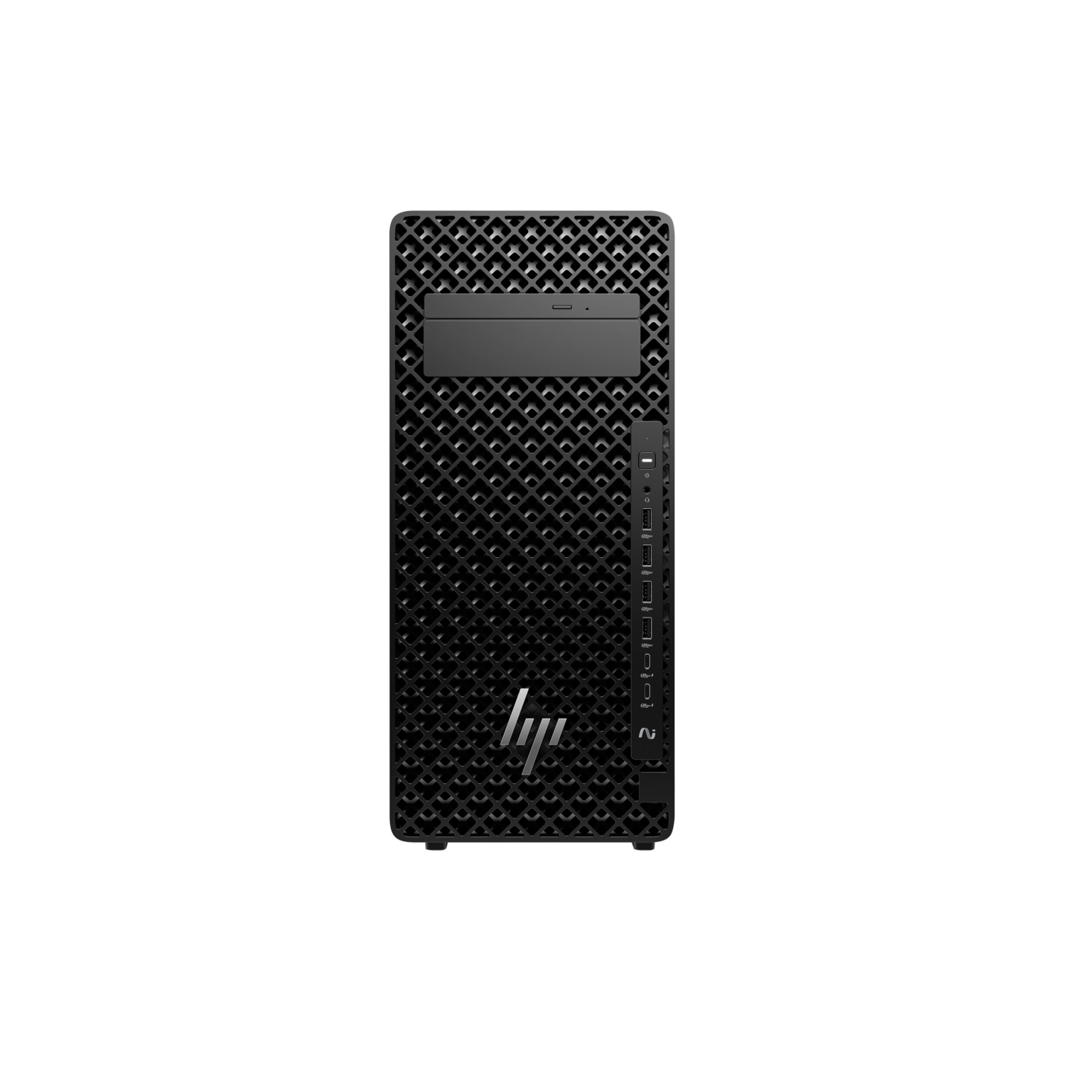 Tower HP nero con pannello frontale a griglia e porte USB.