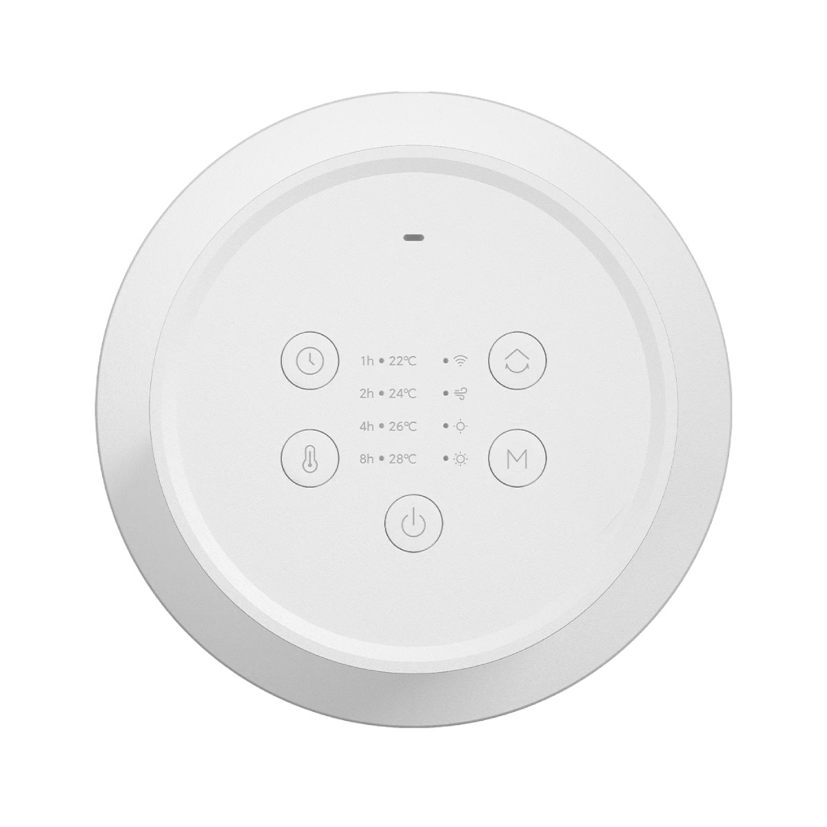 Un dispositivo bianco con icone touch per orario, temperatura e modalità.