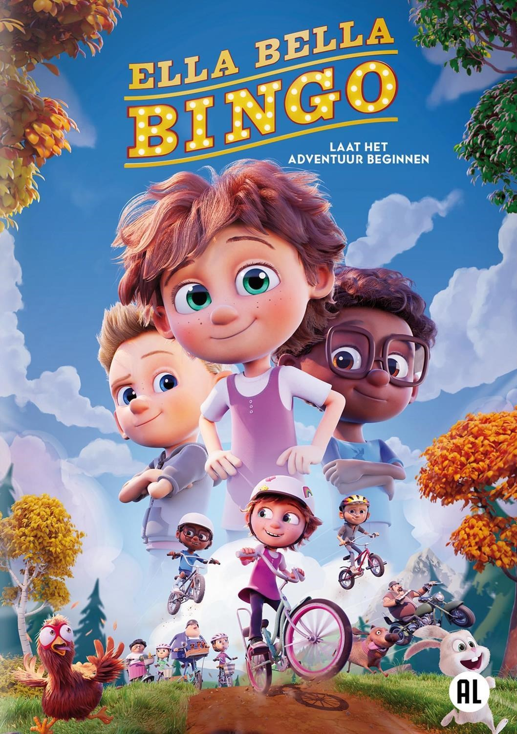 Affiche animée colorée avec des personnages à vélo et un poulet.