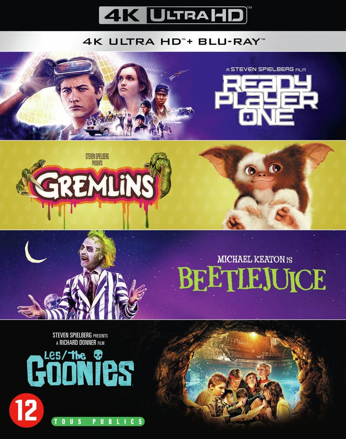 Collage de quatre affiches de films : Ready Player One, Gremlins, Beetlejuice et Les Goonies.