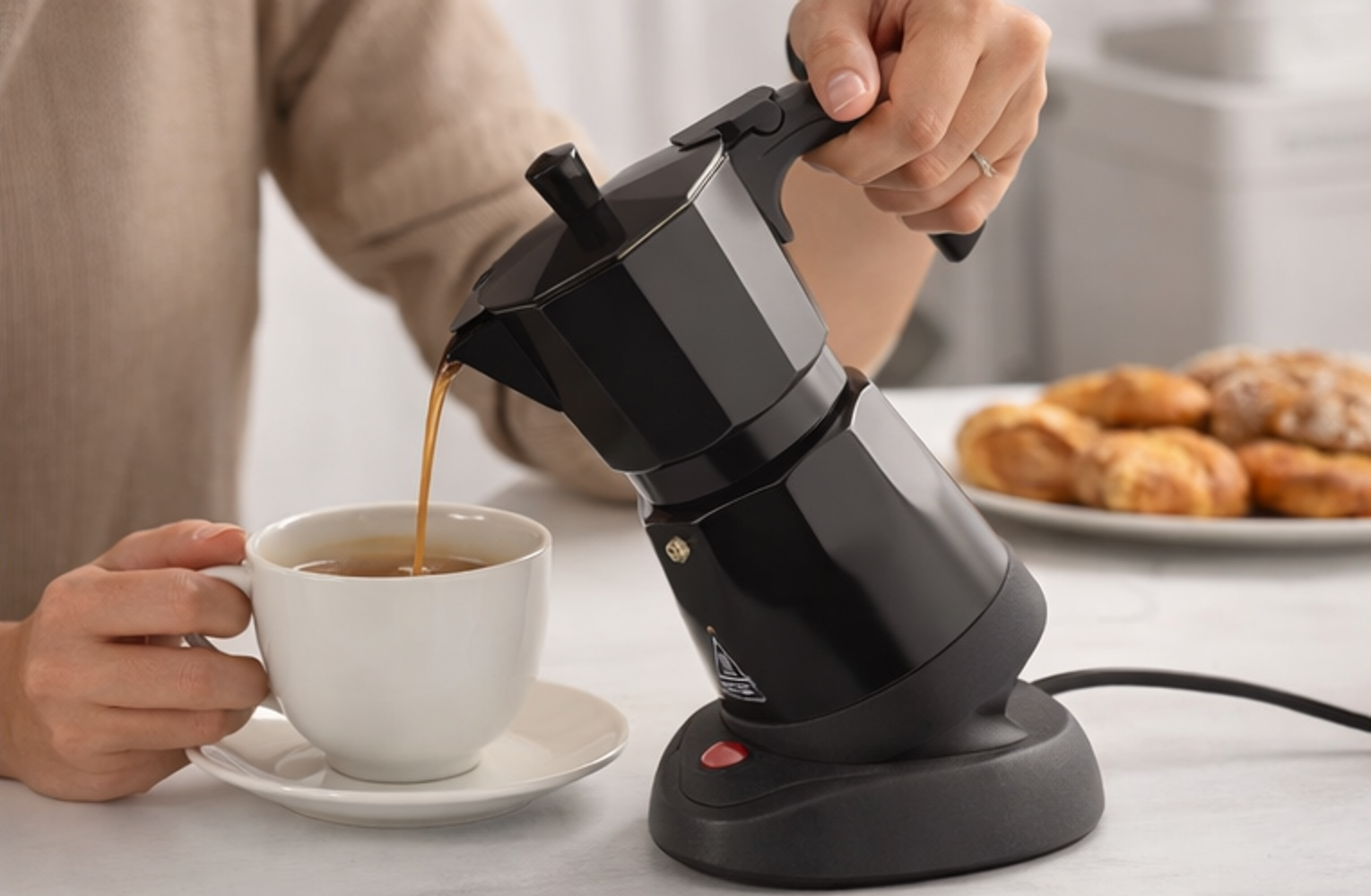 Una persona vierte café de una cafetera negra en una taza blanca.