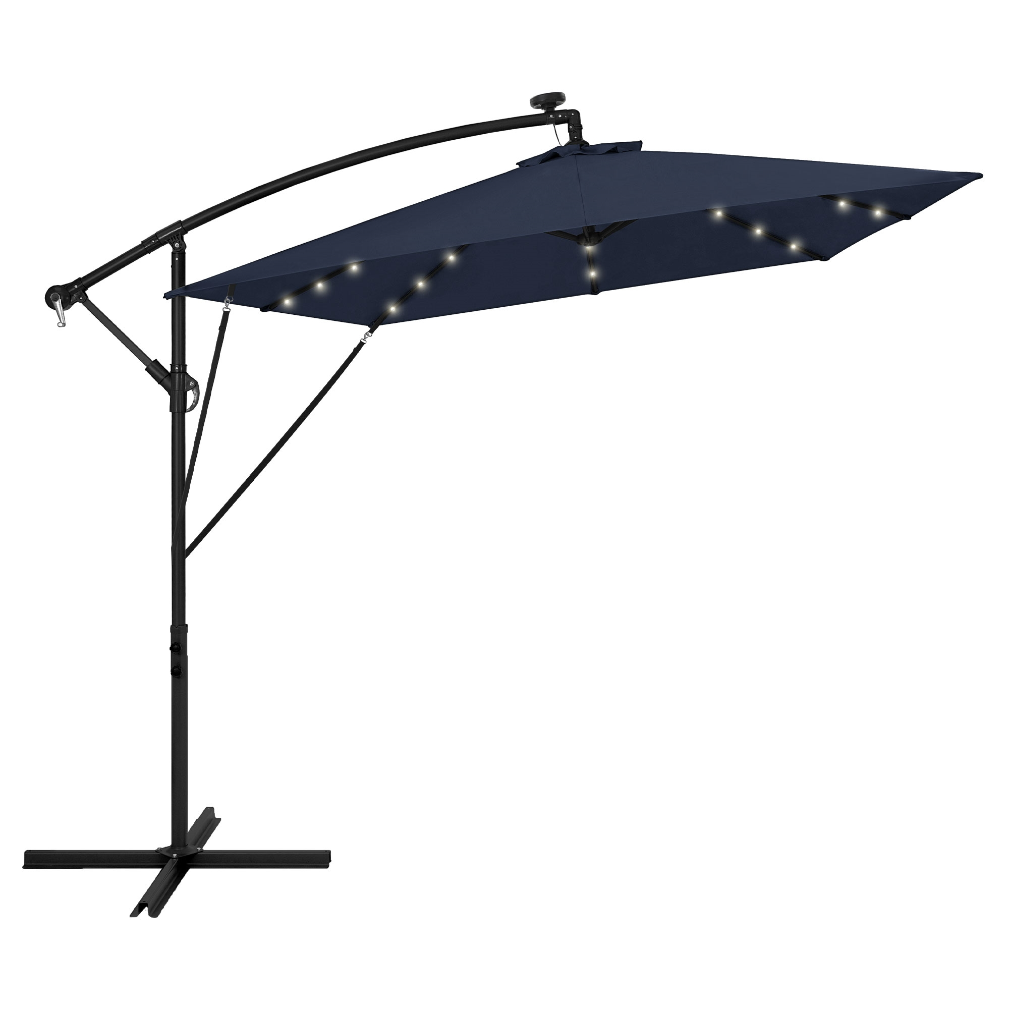 Ein dunkelblauer Sonnenschirm mit LED-Lichtern und einem schwarzen Metallfuß.