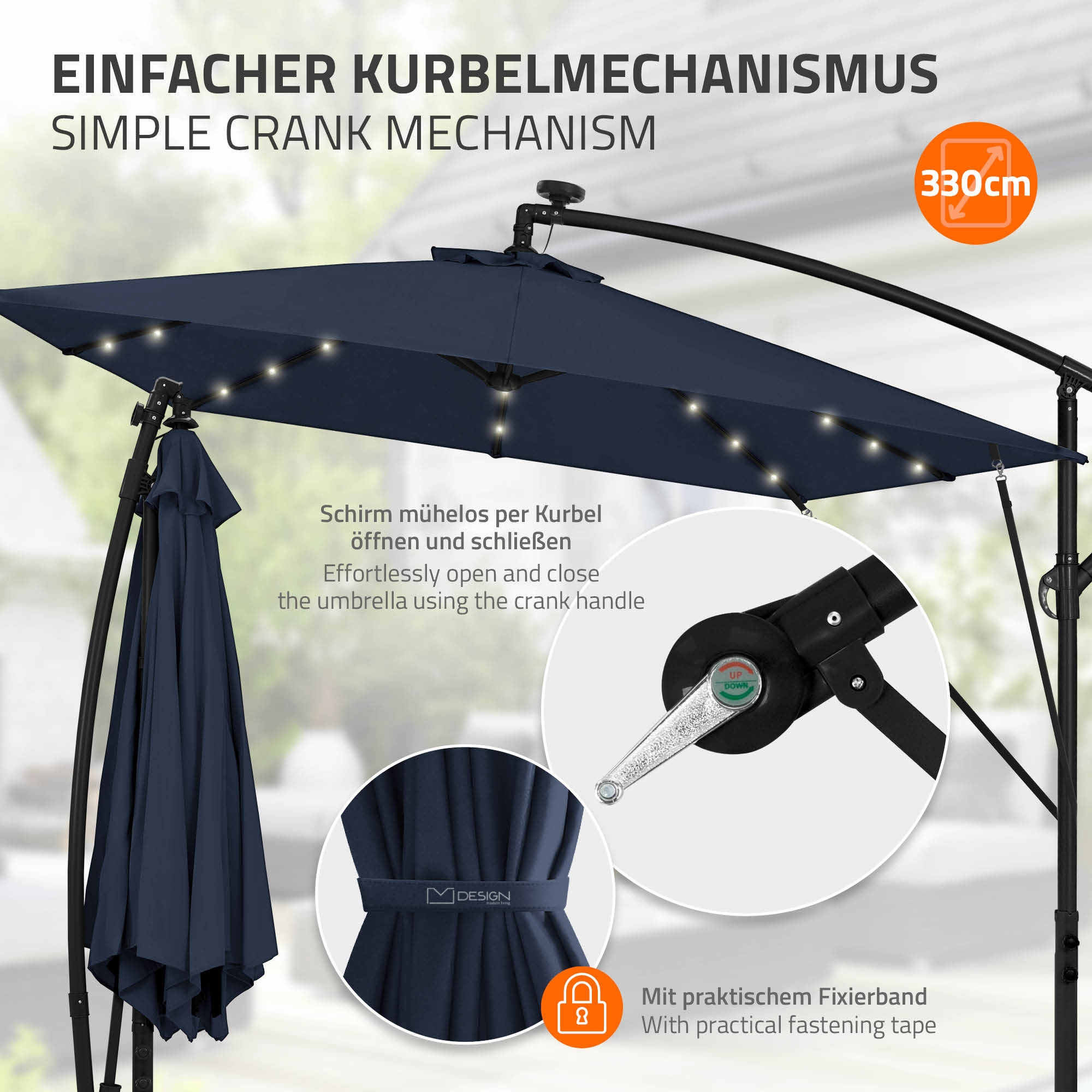 Ein dunkelblauer Sonnenschirm mit Lichtern, Kurbelmechanismus und Befestigungsband.
