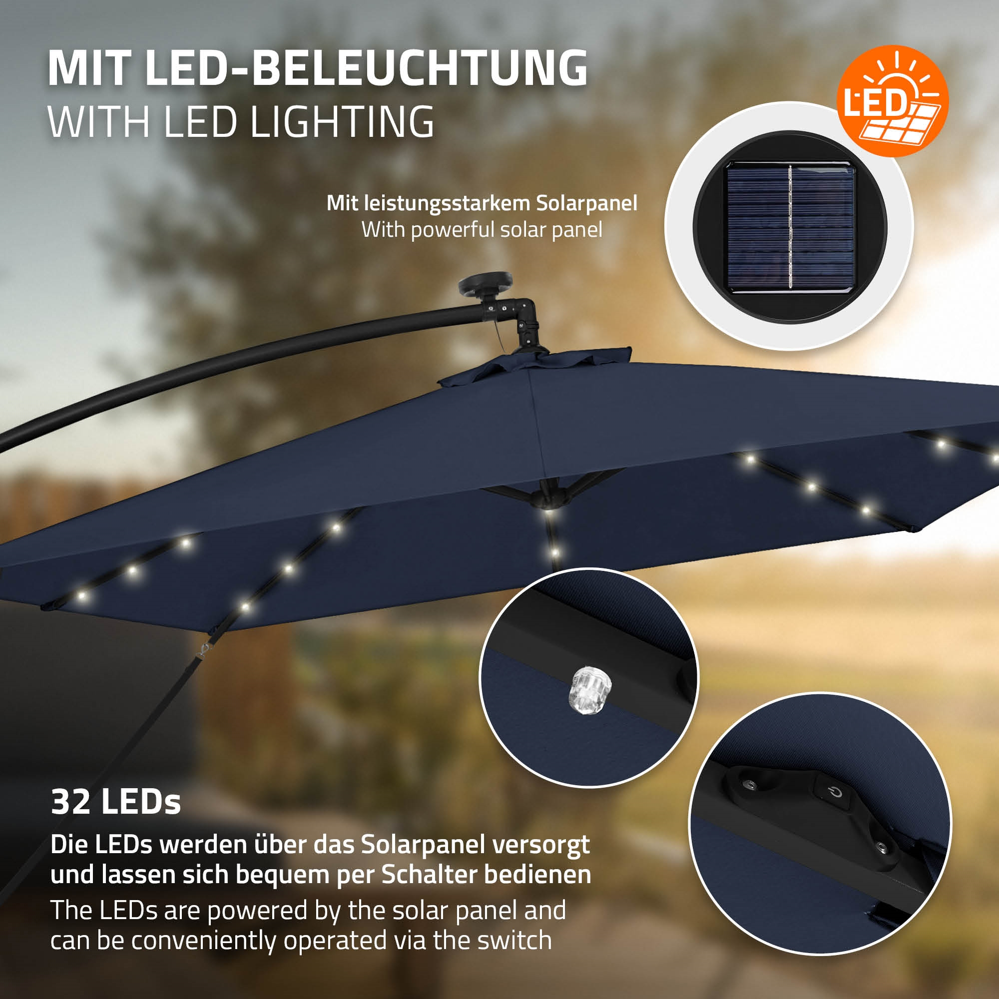 Dunkelblauem Sonnenschirm mit 32 LEDs und Solarpanel. Nahaufnahme zeigt LED und Schalter.