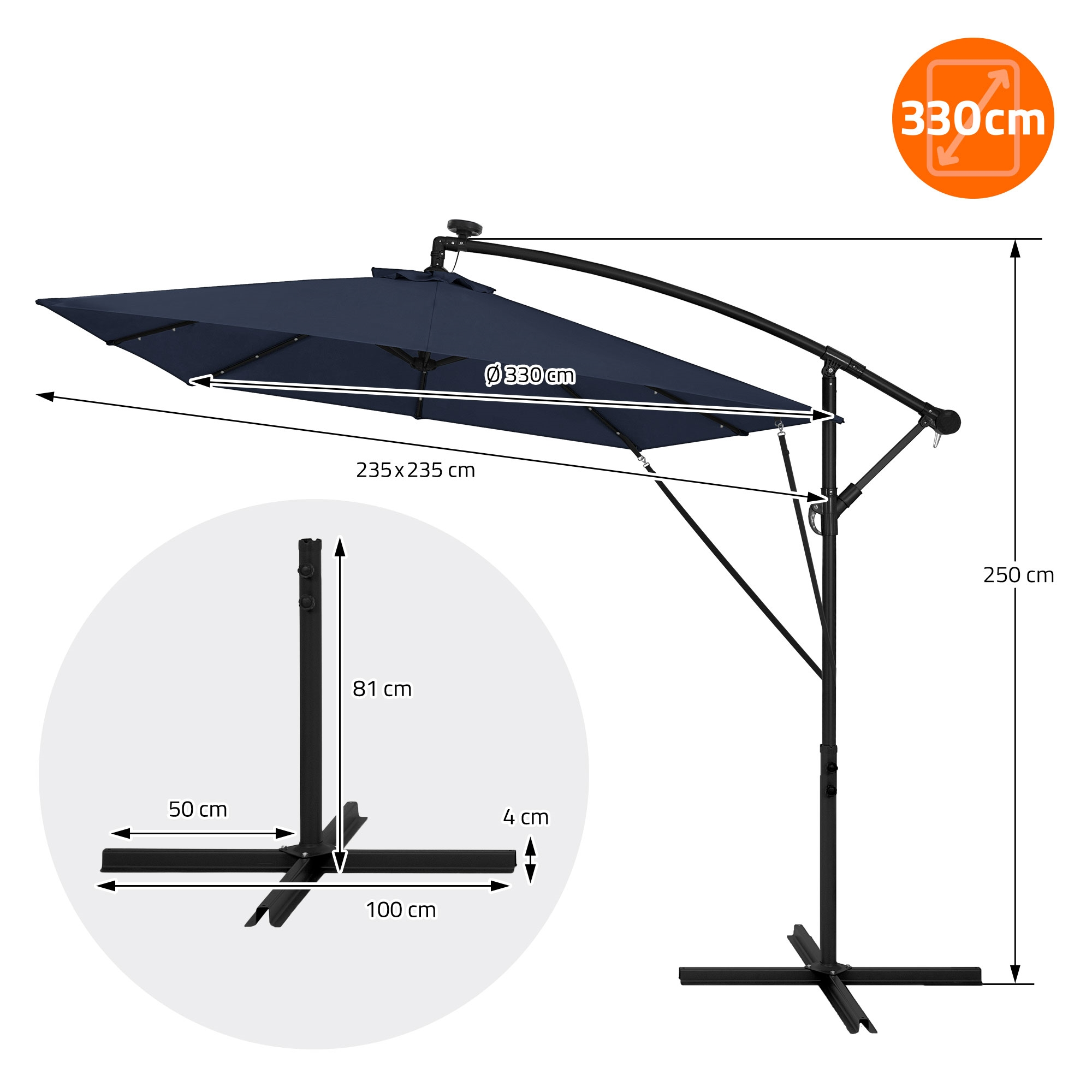 Dunkelblauer Sonnenschirm mit 330cm Durchmesser und 250cm Höhe.