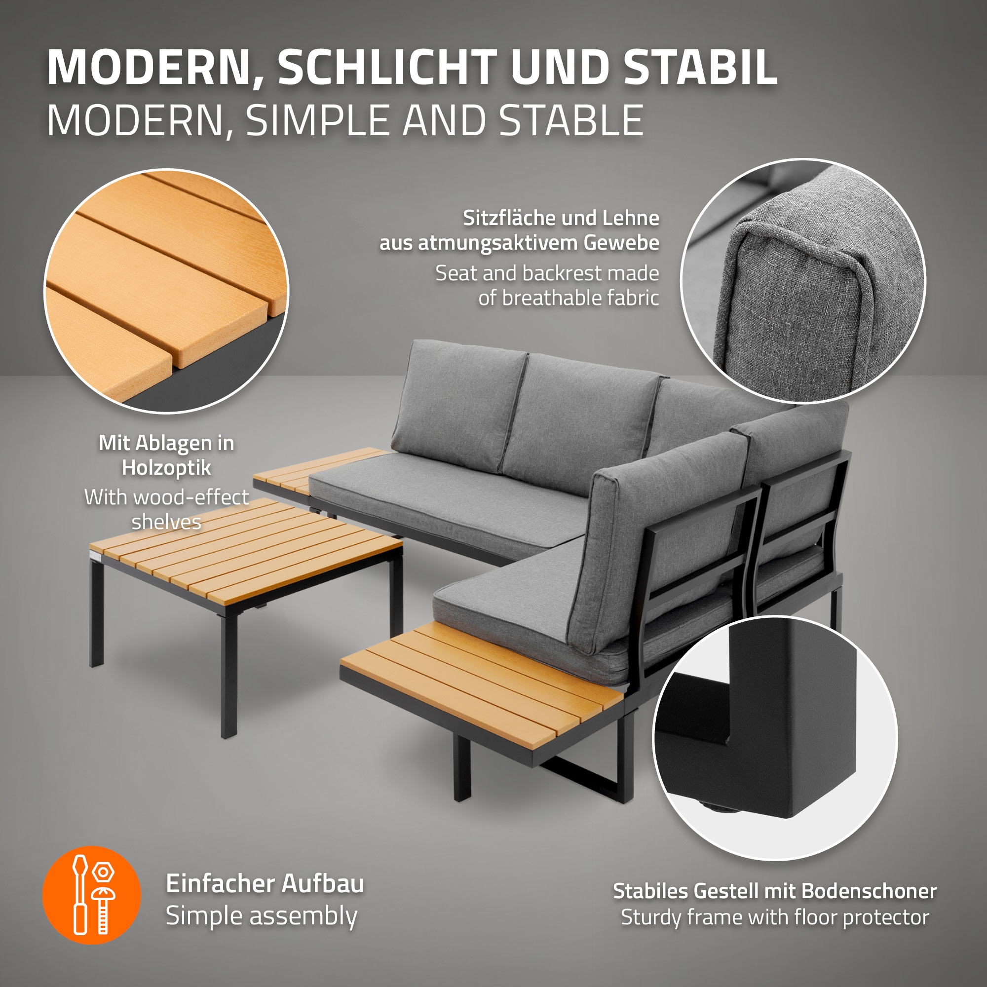 Modernes Loungeset mit grauem Stoff und Holzoptik-Ablagen.