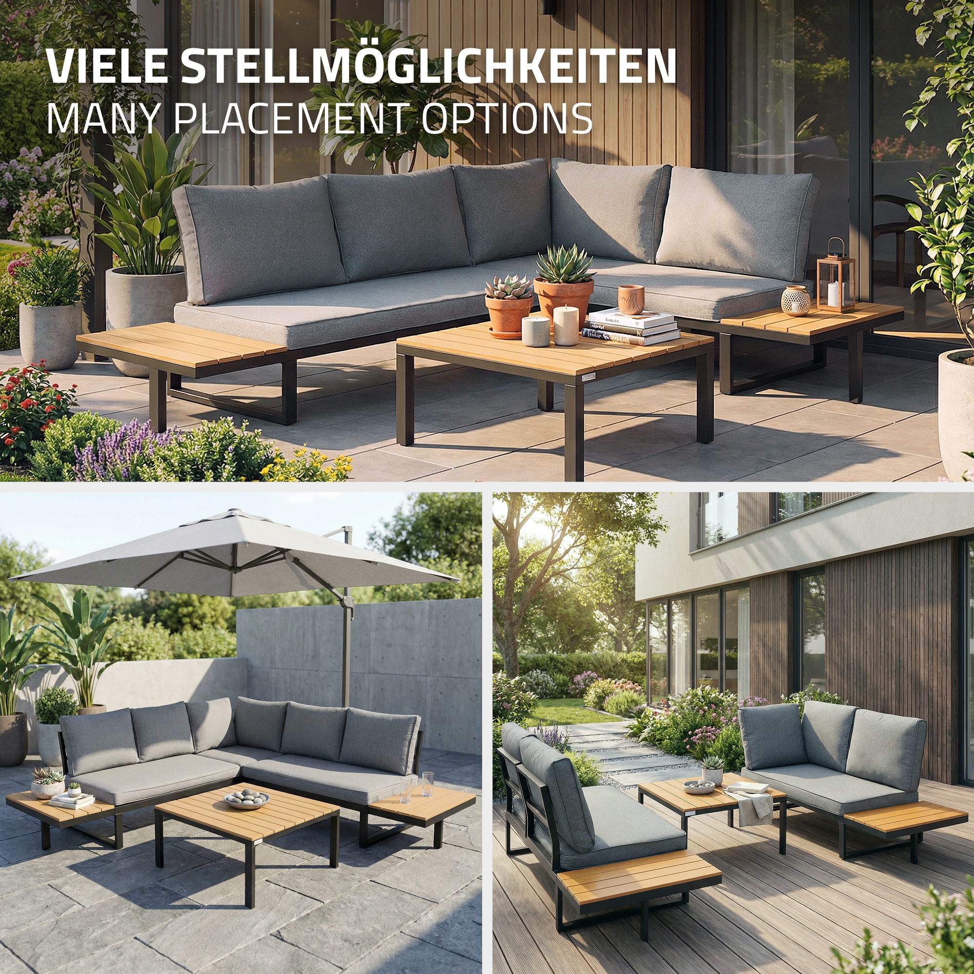 Graues Ecksofa mit Holztischen im Garten mit Pflanzen und Blumen.
