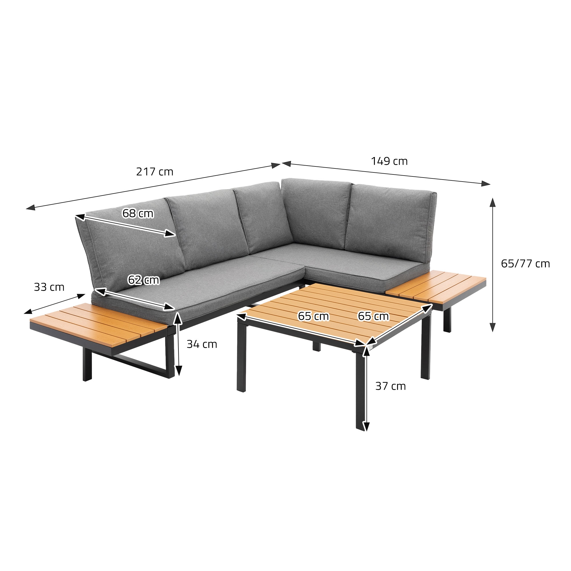 Graues Ecksofa mit Beistelltischen und Maßen.