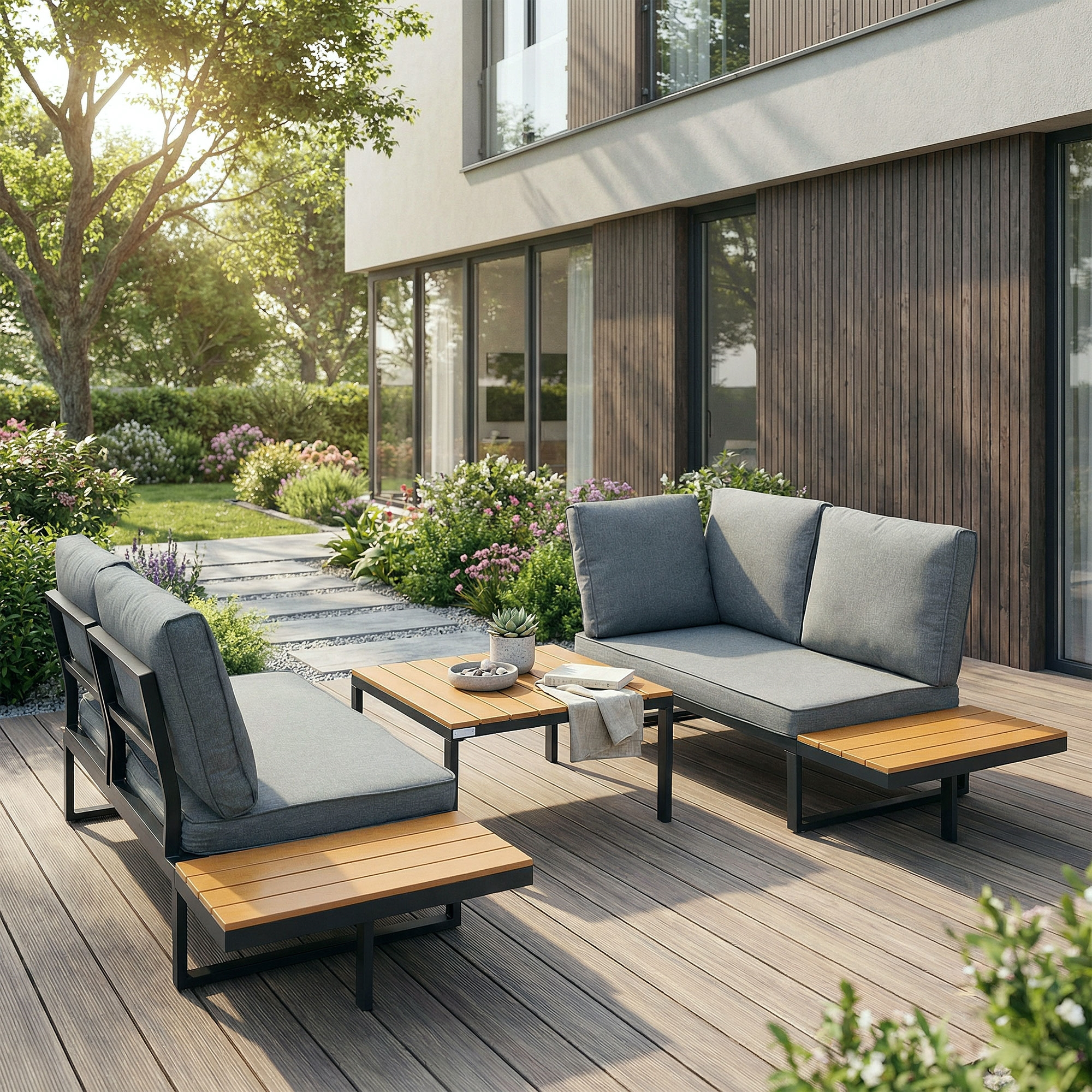 Graue Gartenmöbel mit Holzakzenten auf einer Holzterrasse, daneben ein gepflegter Garten.