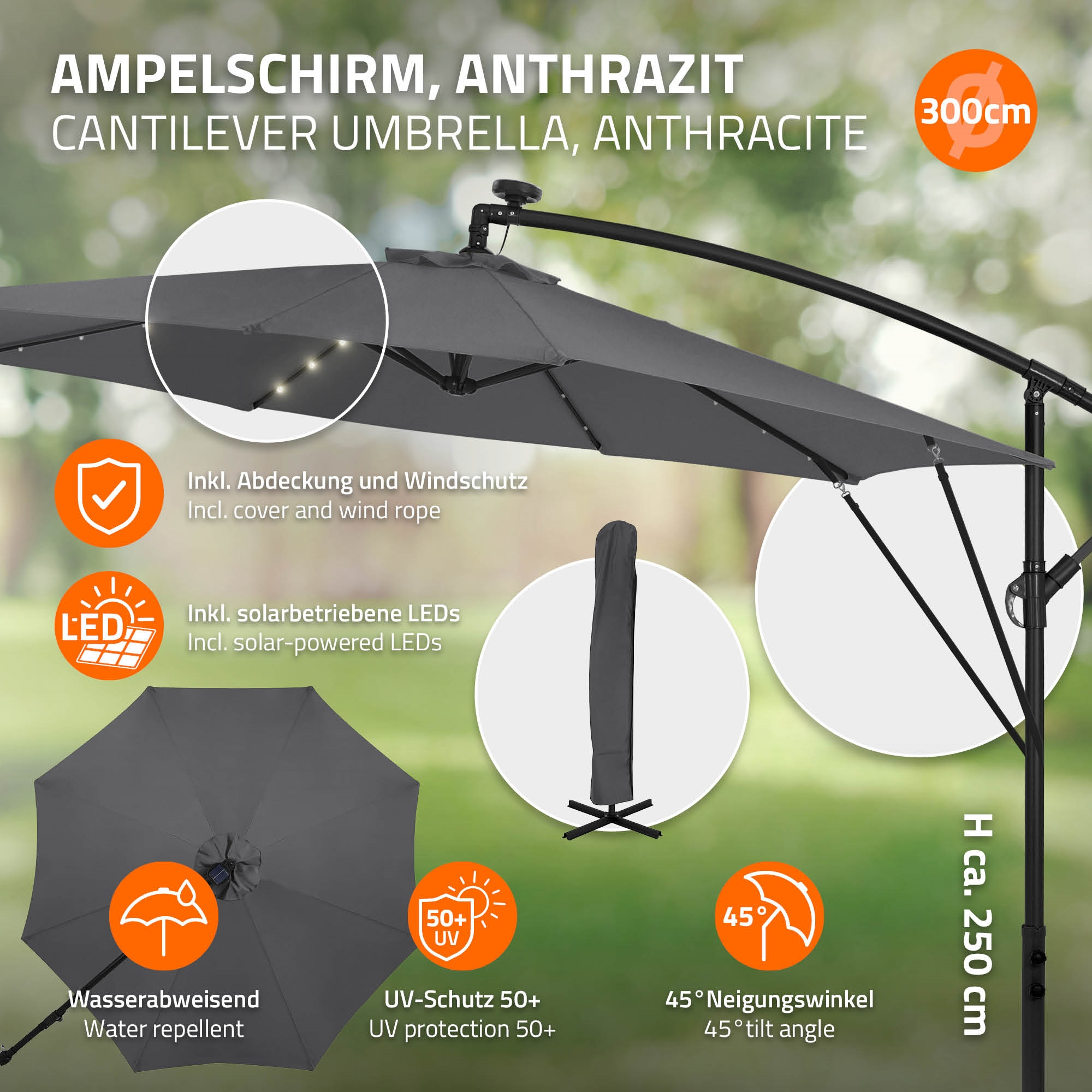 Anthrazitfarbener Ampelschirm 300cm, mit LEDs, wasserabweisend, UV-Schutz 50+.