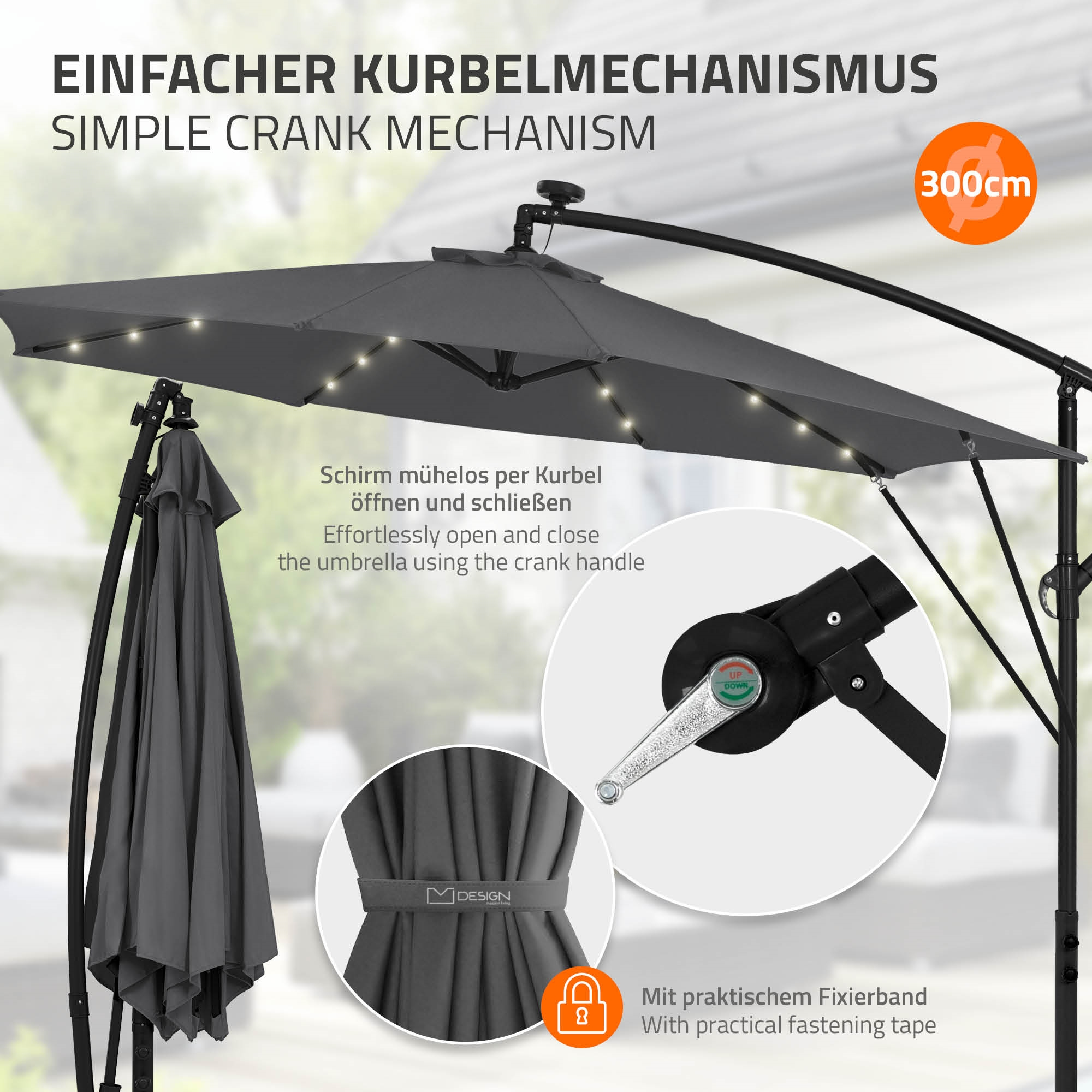 Ein grauer Sonnenschirm mit Lichtern und Kurbelmechanismus. 300cm.