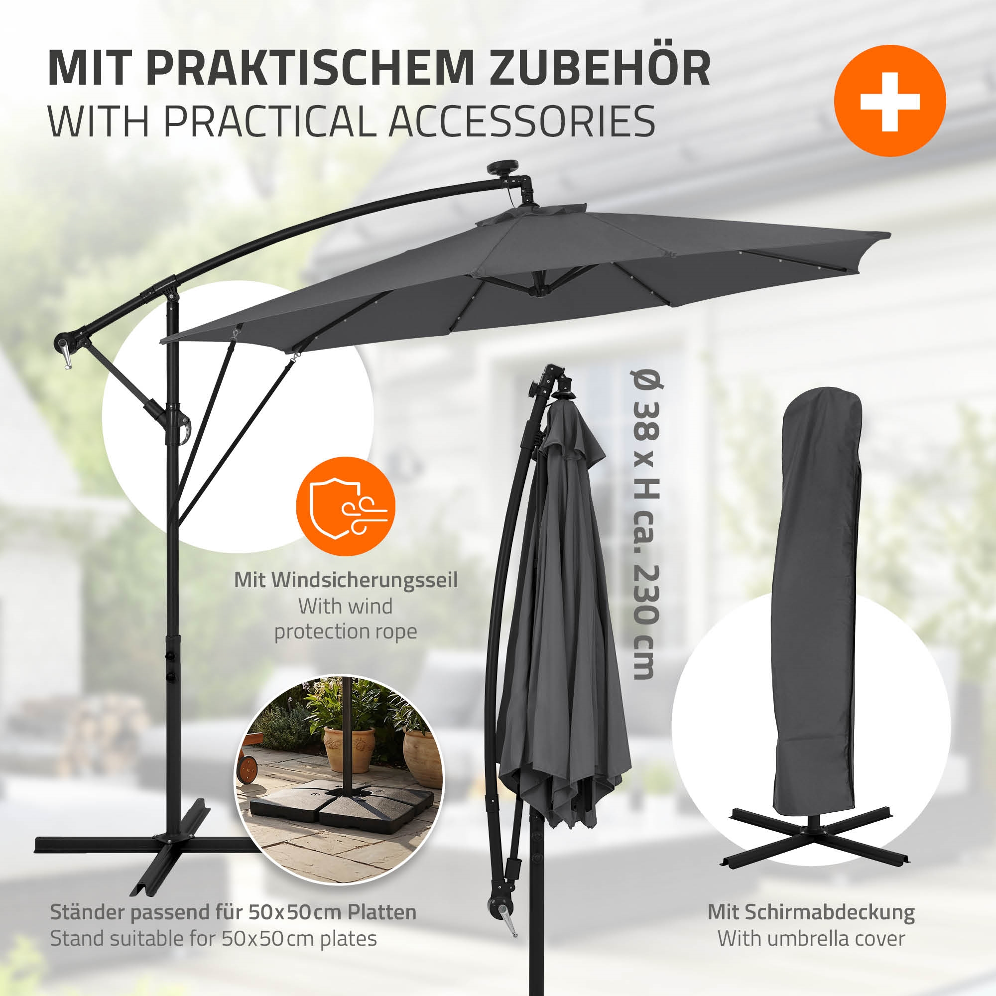 Ein grauer Sonnenschirm mit Zubehör, wie Schutzhülle und Windseil.