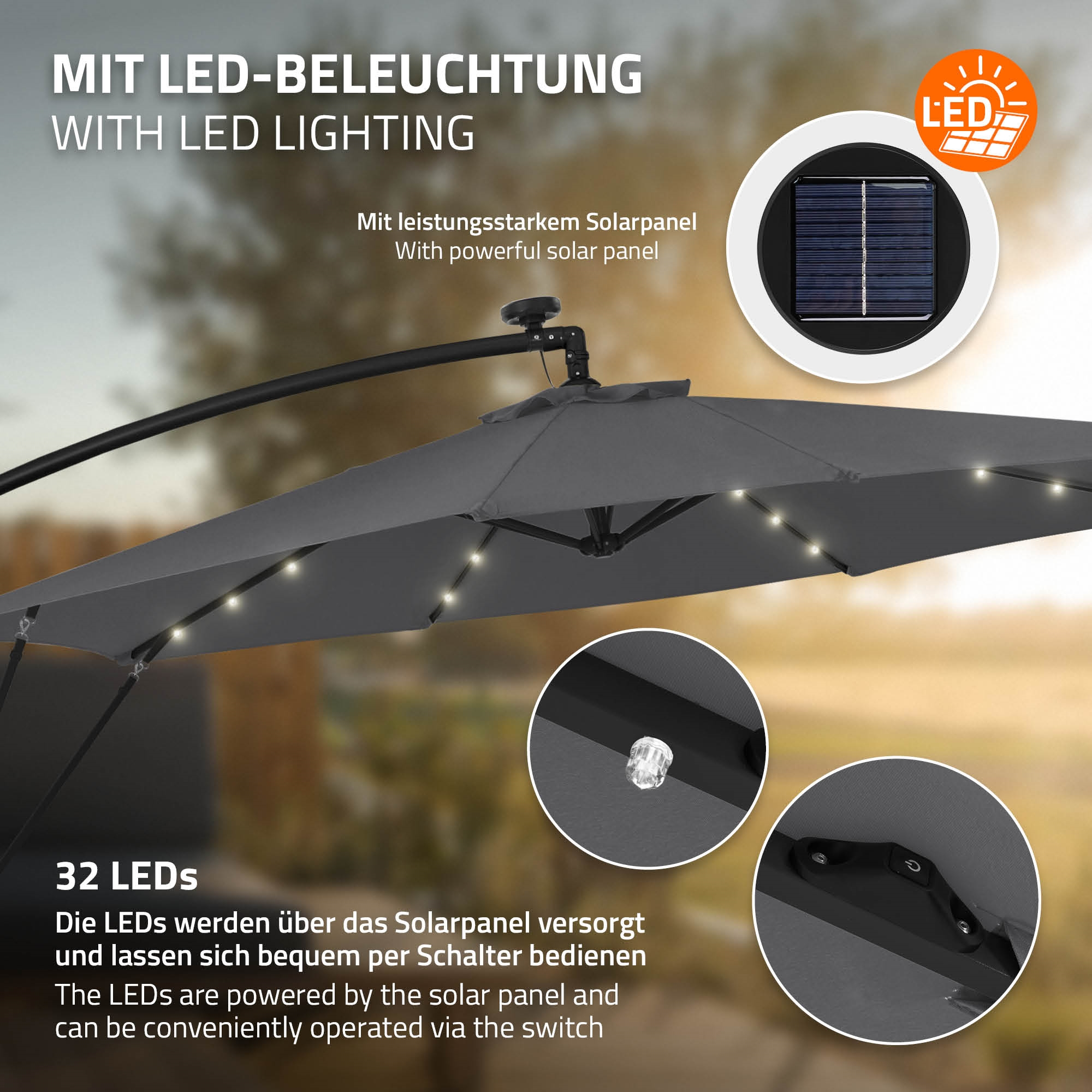 Ein grauer Sonnenschirm mit 32 LEDs, Solarpanel und Schalter.