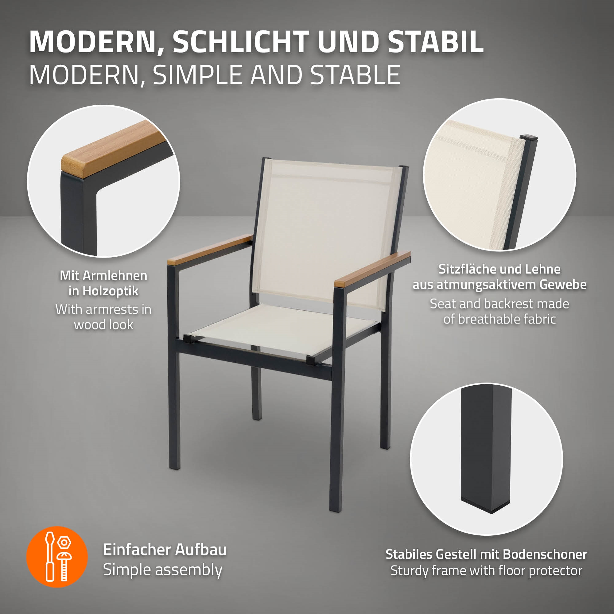 Moderner Stuhl mit Holzoptik-Armlehnen und atmungsaktivem Stoff.
