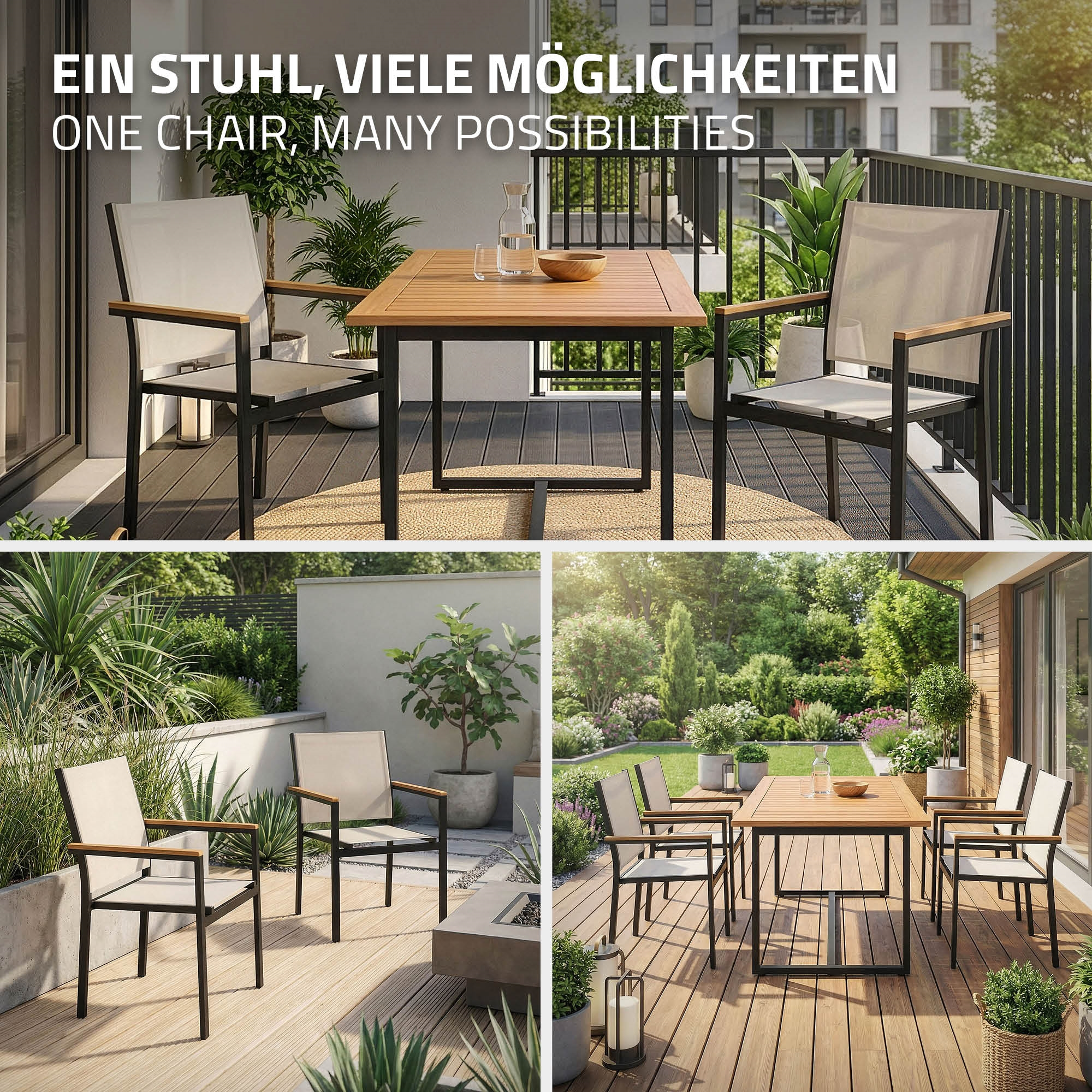 Moderne Gartenmöbel mit Holz und Metall auf einer Holzterrasse.