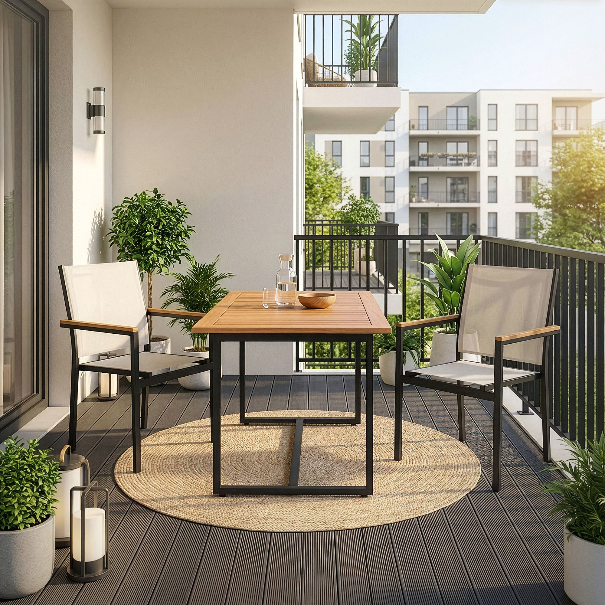 Ein Balkon mit Tisch, Stühlen, Pflanzen und Blick auf Wohnhäuser.