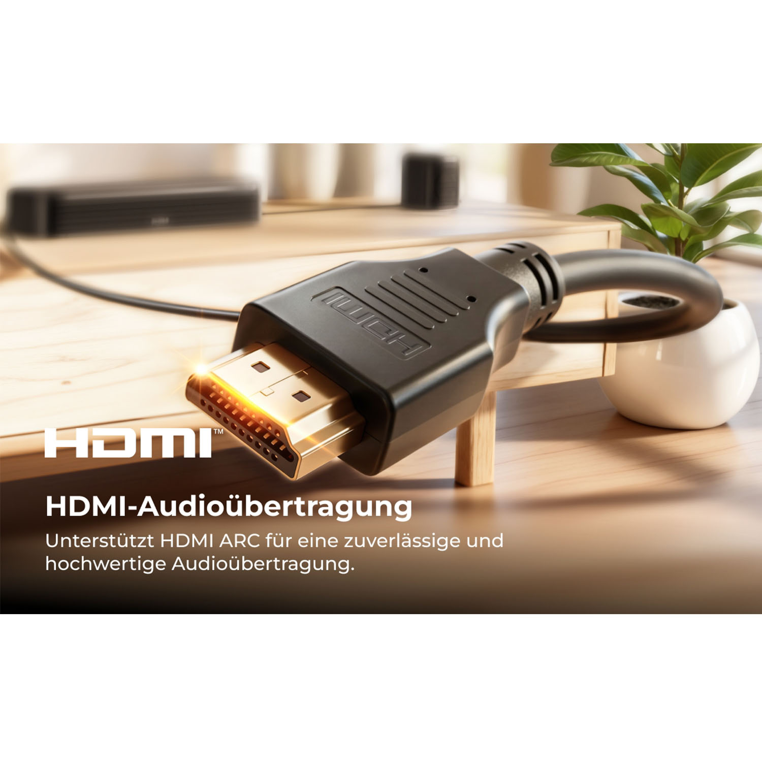 HDMI-Kabel mit goldenem Stecker für Audioübertragung.